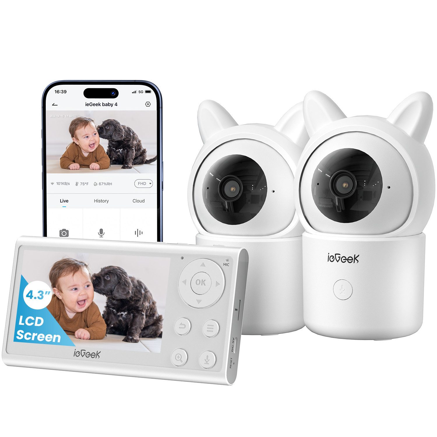 Babyphone Babyphone mit 2 Kameras 4.3 Zoll, 1080P Video Babyphone mit Halterung
