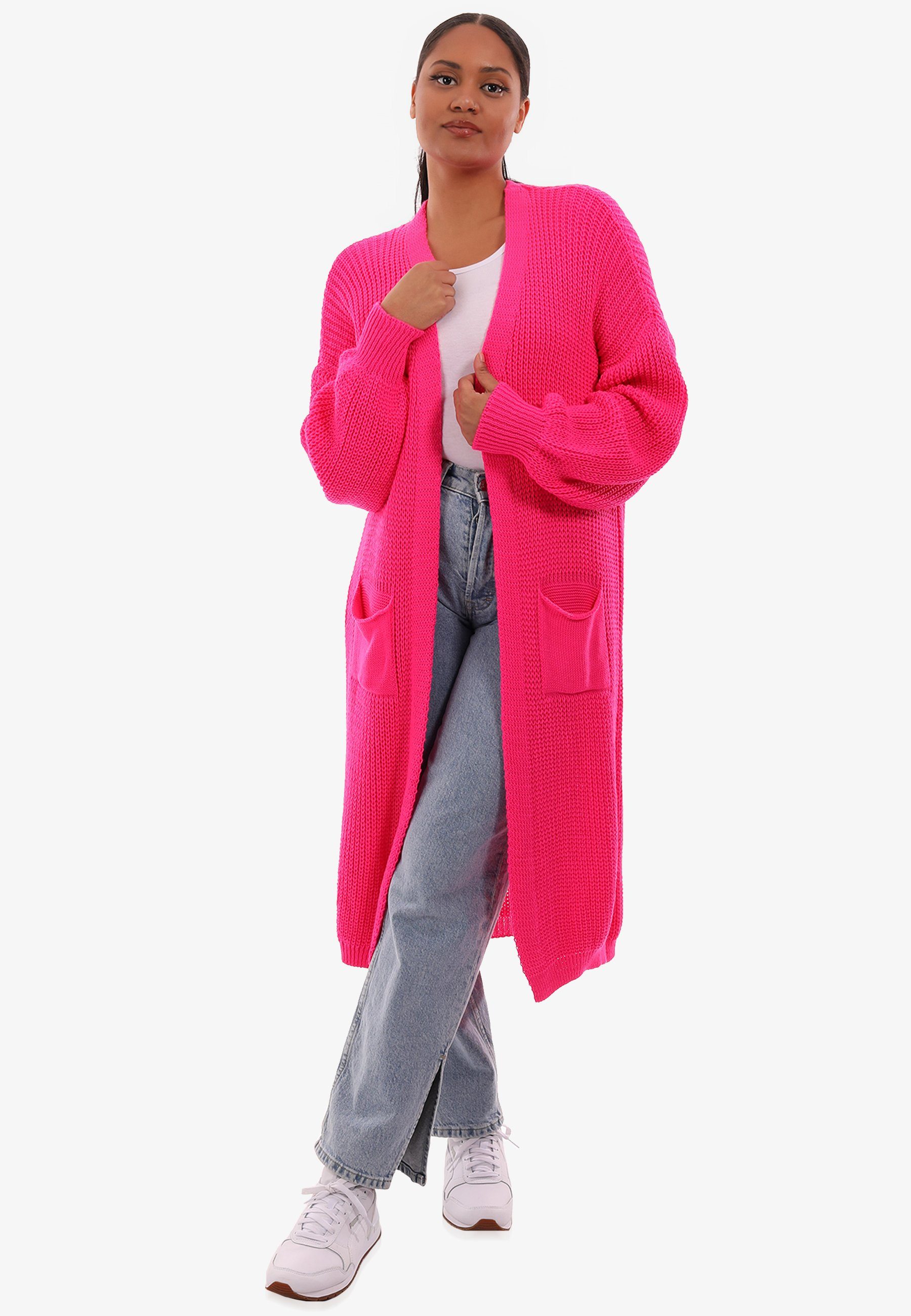 Verschlusslos in Fashion Cardigan mit Taschen Unifarbe, pink aufgesetzten & Cardigan Strickjacke YC Style Basic