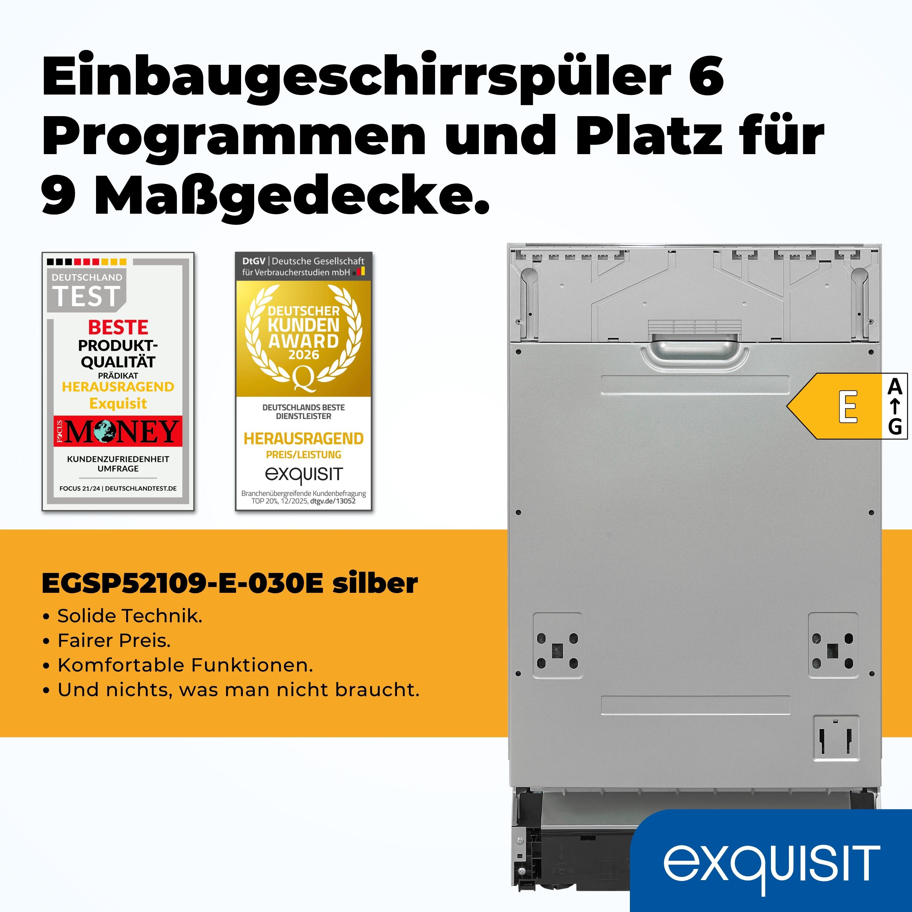exquisit vollintegrierbarer Geschirrspüler EGSP52109-E-030E, 9,0 l, 9 Maßgedecke, LED-Display, Mehrfach-Wasserschutz, Restlaufzeitanzeige