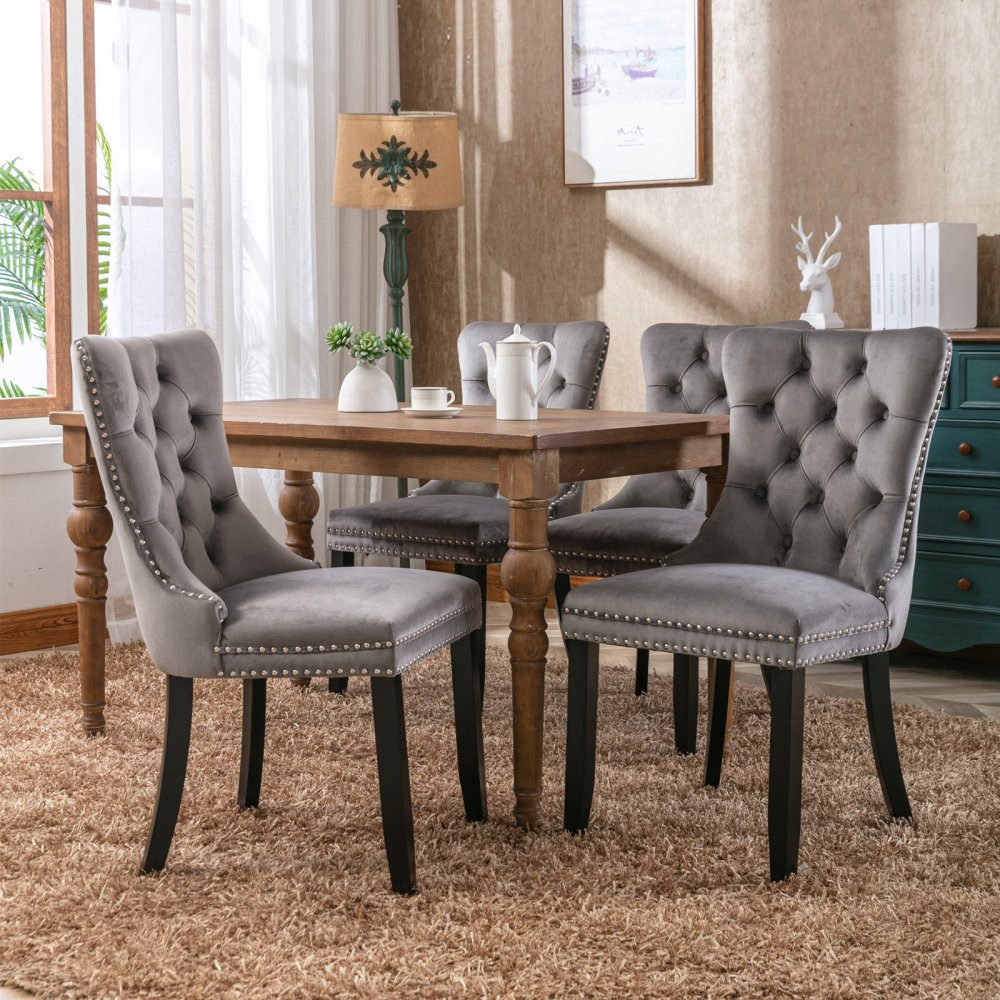 BBG Esszimmerstuhl 2er Set Esszimmerstühle Samt Chesterfield, bis 130 kg, French Style (Polsterstühle mit Knopfheftung & Ziernieten, Massivholz Rubberwood, 2 St), Hochlehner Dining Stuhl gepolstert