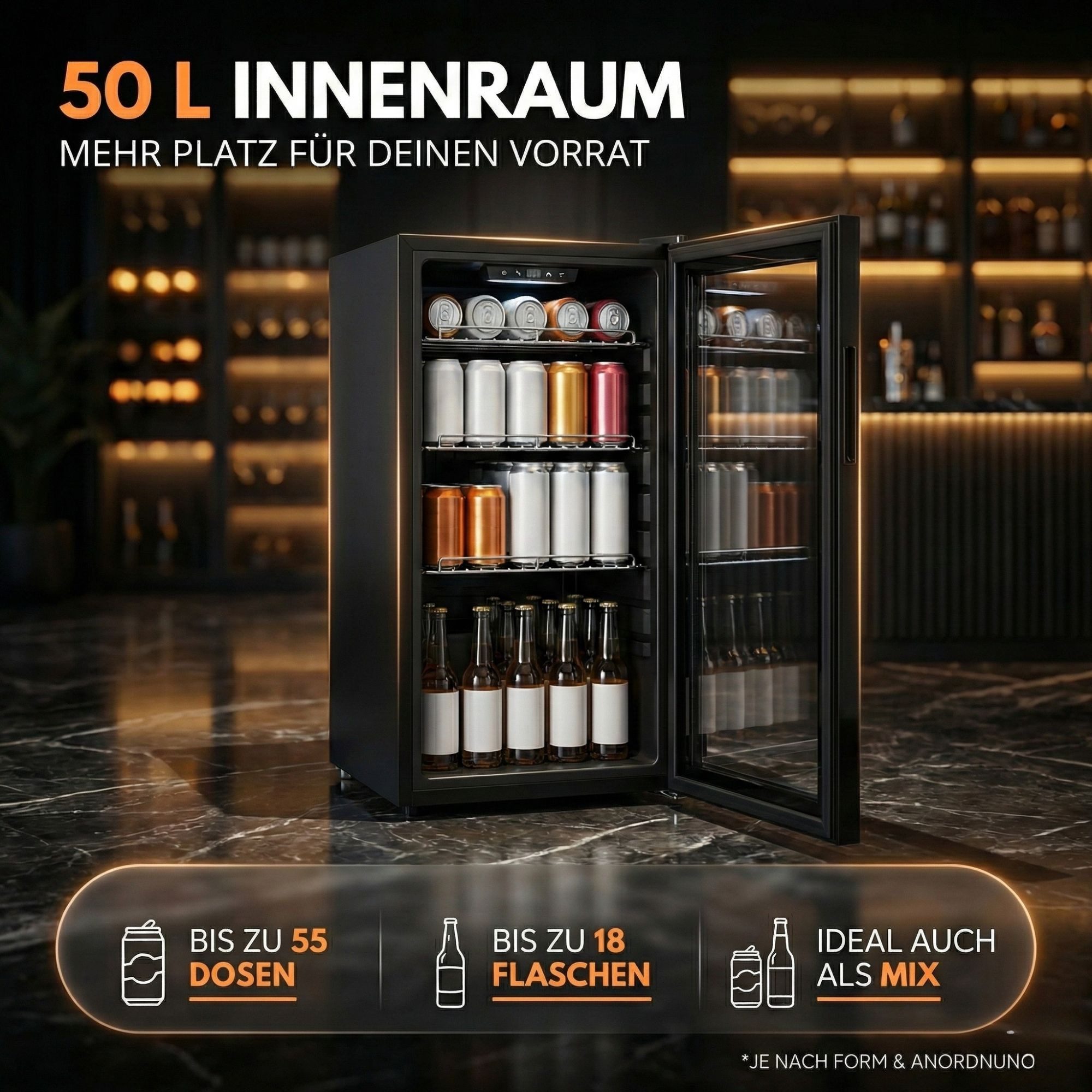 Sommertal Getränkekühlschrank GK50, 70 cm hoch, 35 cm breit, Touchscreen & Schloss kleiner Flaschenkühlschrank schwarz 50L – Bild 3 von 5