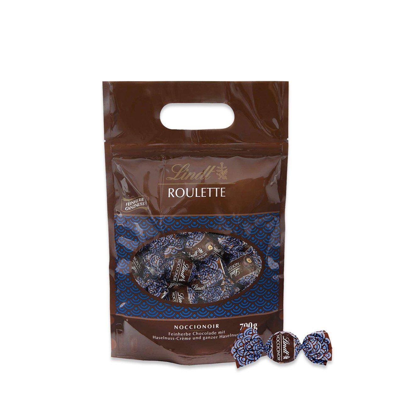 LINDT Schokolade 700g Roulette Noccionoir Feinherbe Schokolade Kugeln Ganze Haselnuss, 1 x 700 g, 1 St.