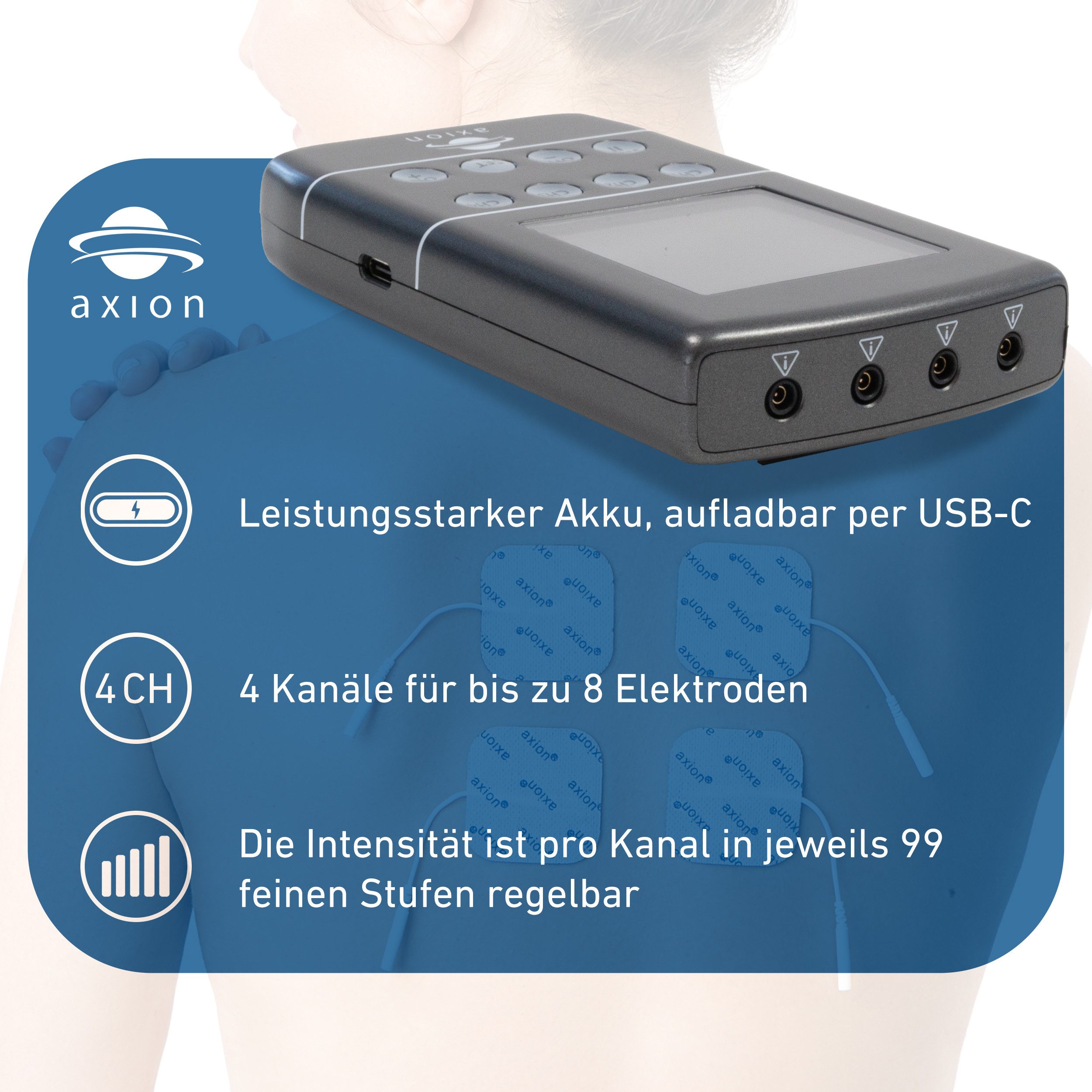 Axion TENS-EMS-Gerät STIM-PRO X9B 4-Kanäle zur Schmerztherapie, Muskelaufbau, Medizinprodukt nach MDR (EU) 2017/745