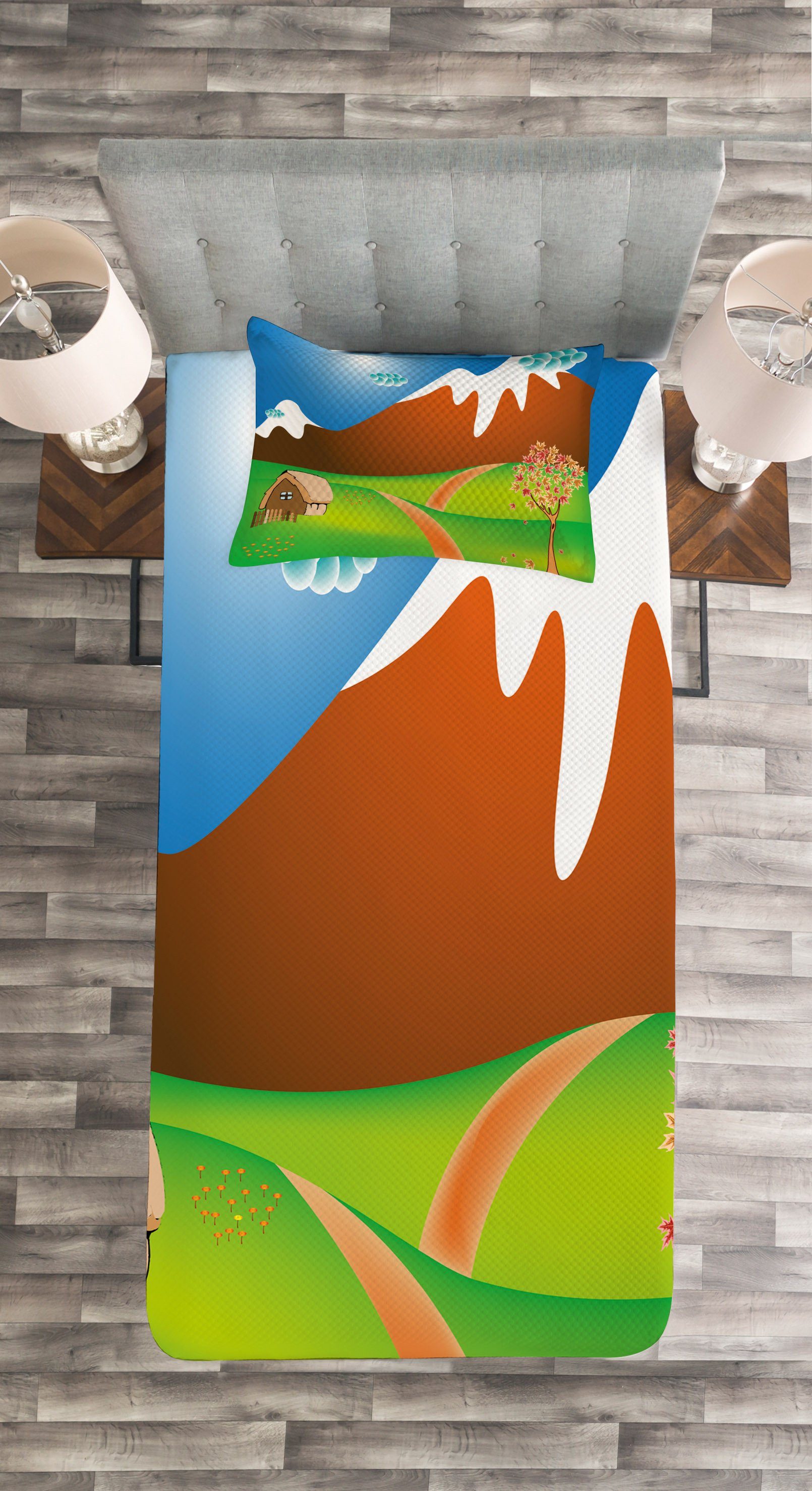 Tagesdecke Set mit Kissenbezügen Waschbar, Landschaft Cartoon-Land-Szene Abakuhaus