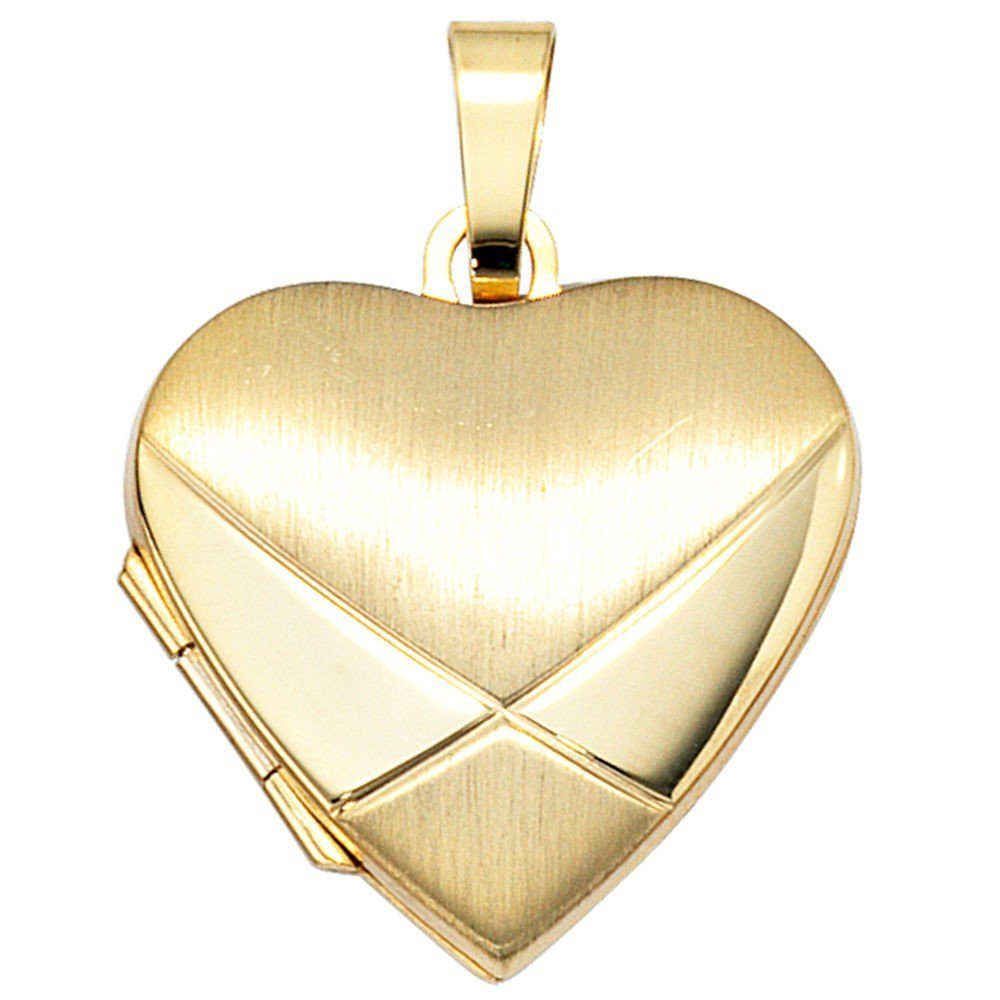Schmuck Krone Kettenanhänger Anhänger Medaillon Amulett als Herz 585 Gold Gelbgold mattiert Halsschmuck, Gold 585