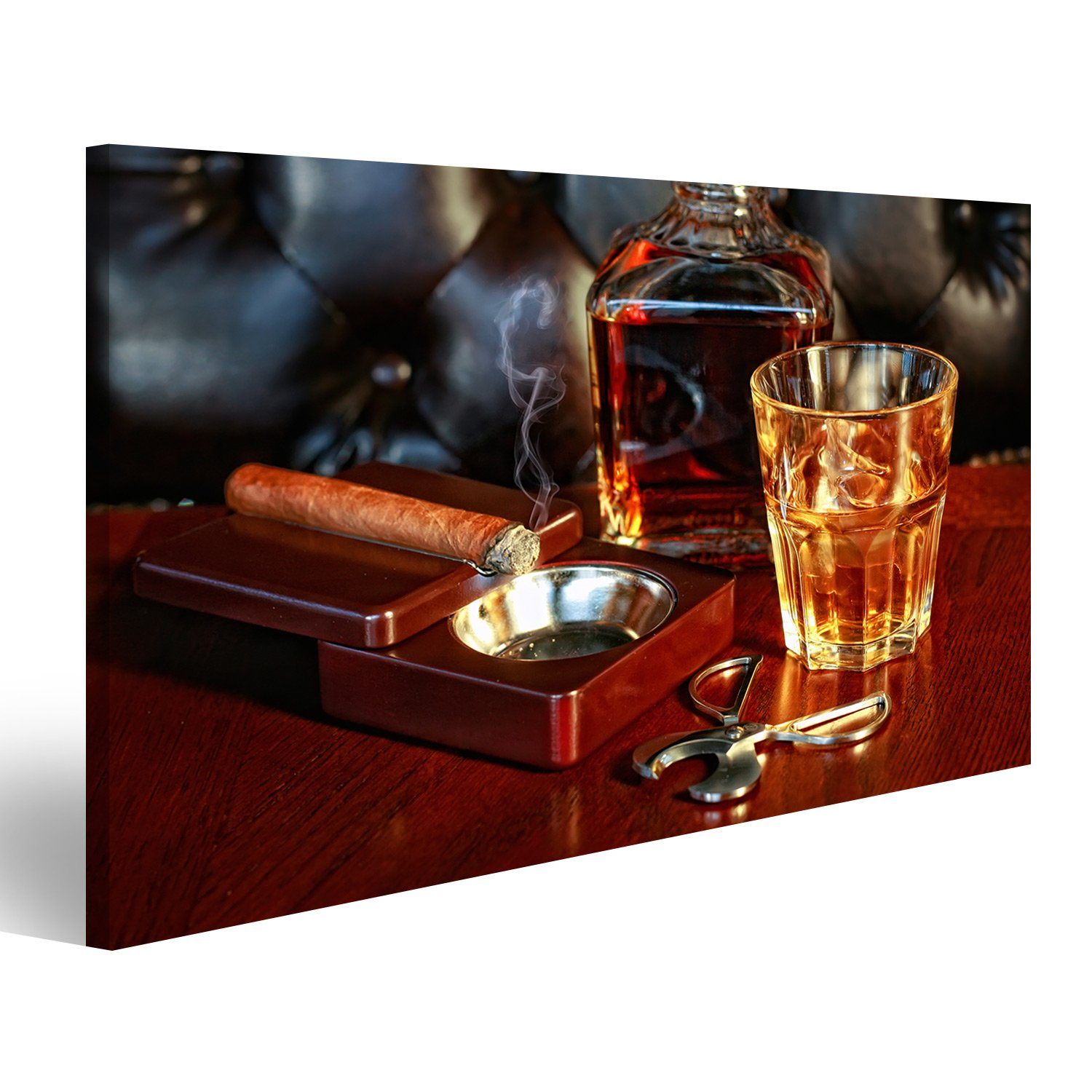 Leinwandbild Bild auf Leinwand Whiskey Und Zigarre Wandbild Leinwandbild Wand Bild