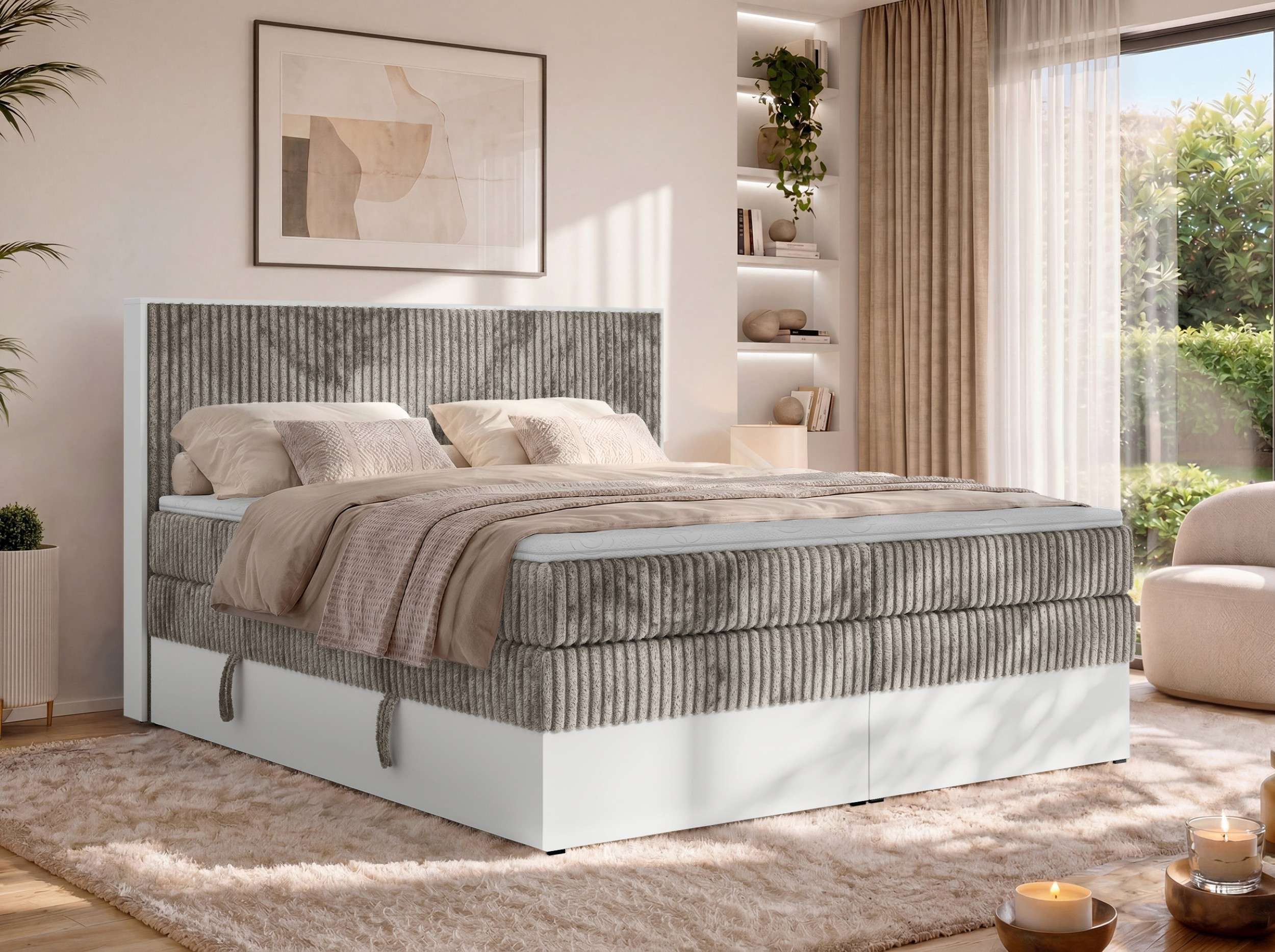 MKS MÖBEL Boxspringbett TRAVIT KING (mit Stauraum, Set, inkl. 2 Multipocket Matratzen und Topper (T25/Visco), Cord-Bezug), weiße Deko-Möbelplattenelementen, H3/H4, 140x200–200x200