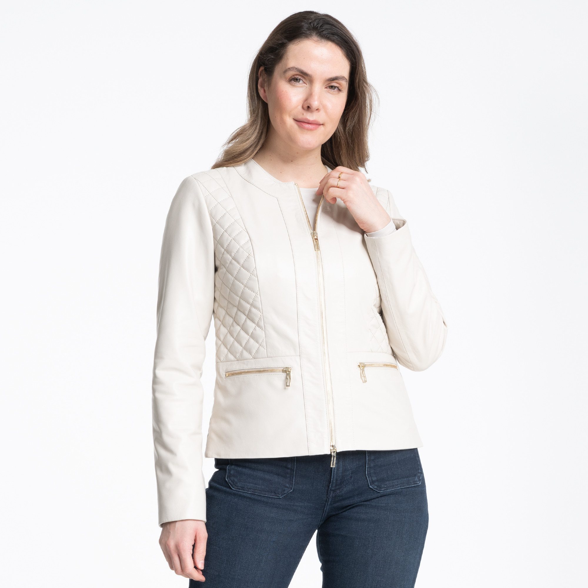 Mouflon Lederjacke Mila Aus feinem Echtleder 2-Wege-Zipper Rautenmuster runder Ausschnitt