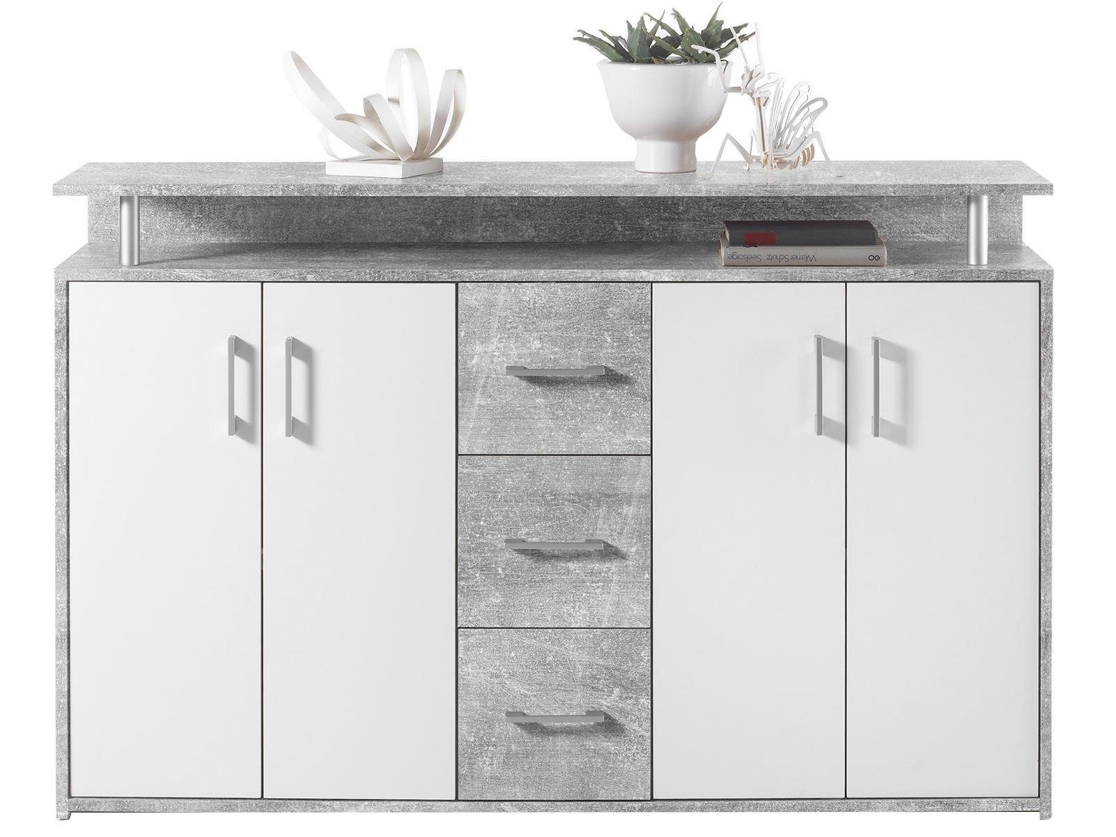 möbelando Highboard Delia, Highboard aus Spanplatte in Beton Nachbildung mit 4 Двери in Weiß, 3 Schubkästen und 2 Einlegeböden. Breite 139 cm, Höhe 90 cm, Tiefe 34 cm.