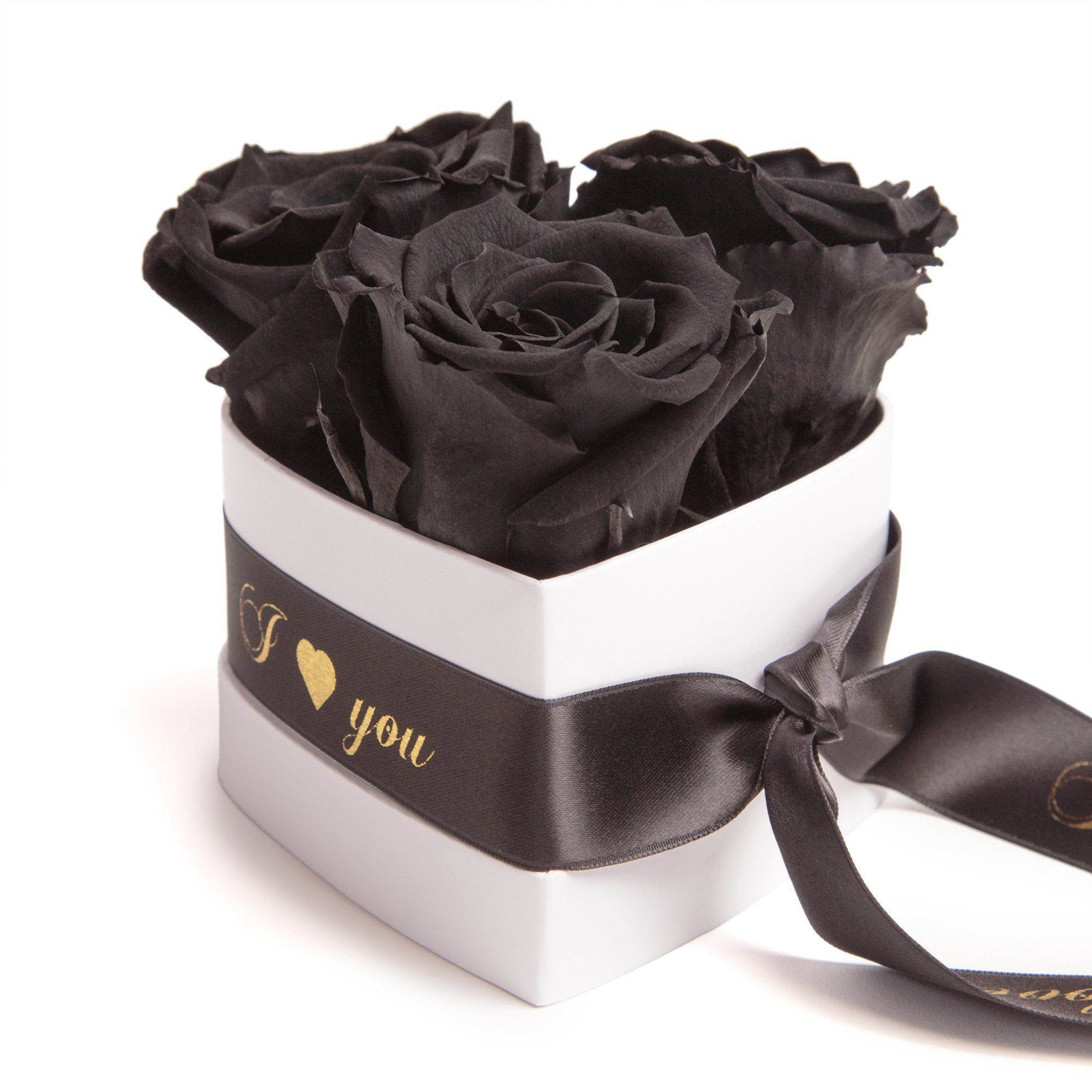 Kunstblume Rosenbox Herz 3 konservierte Infinity Rosen in Box I Love You Rose, ROSEMARIE SCHULZ Heidelberg, Höhe 8.5 cm, Valentinstag Geschenk für Sie Schwarz | Kunstblumen
