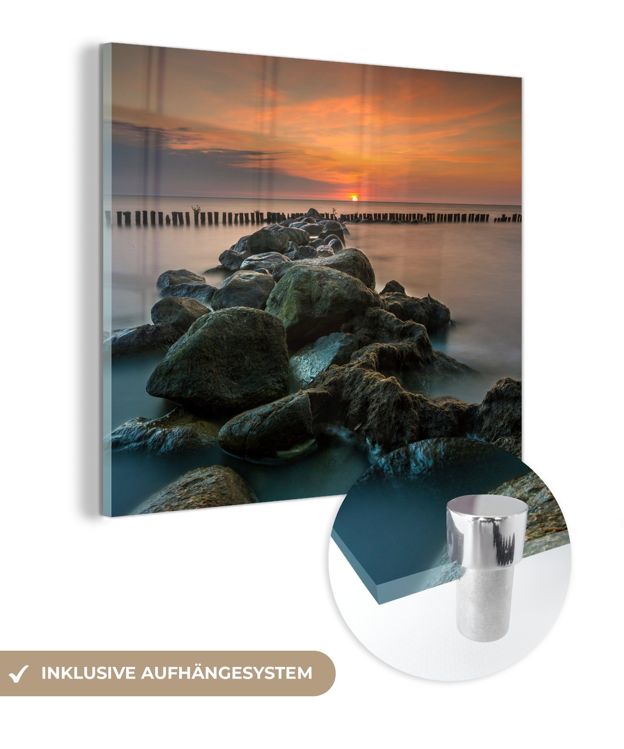 MuchoWow Acrylglasbild Meer - Sonne - Steine, (1 St), Glasbilder - Bilder auf Glas Wandbild - Foto auf Glas - Wanddekoration