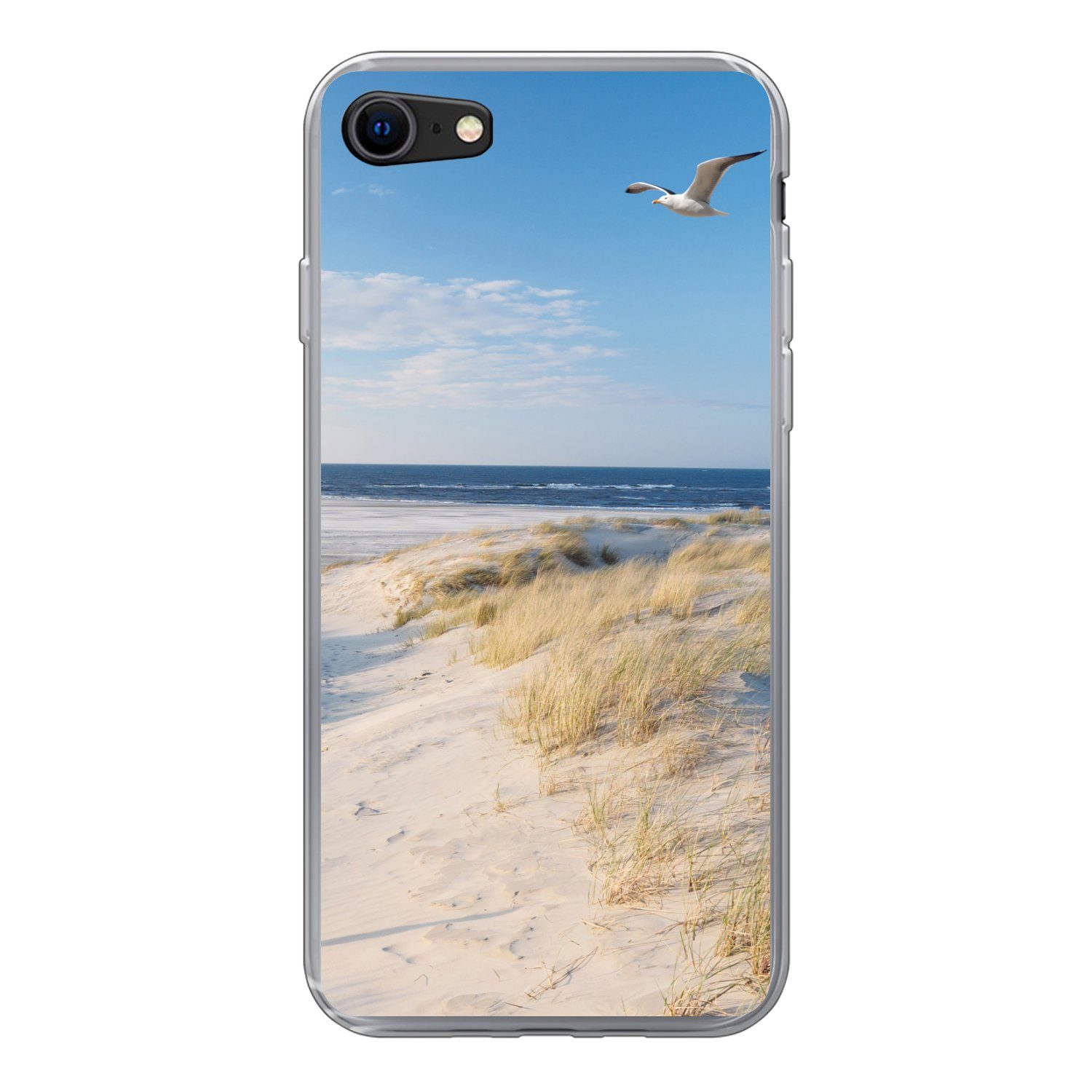 MuchoWow Handyhülle für Apple iPhone 8 Düne - Möwe - Strand - Meer - Sonne, Smartphone-Bumper, Print, Handy Schutzhülle Dünn