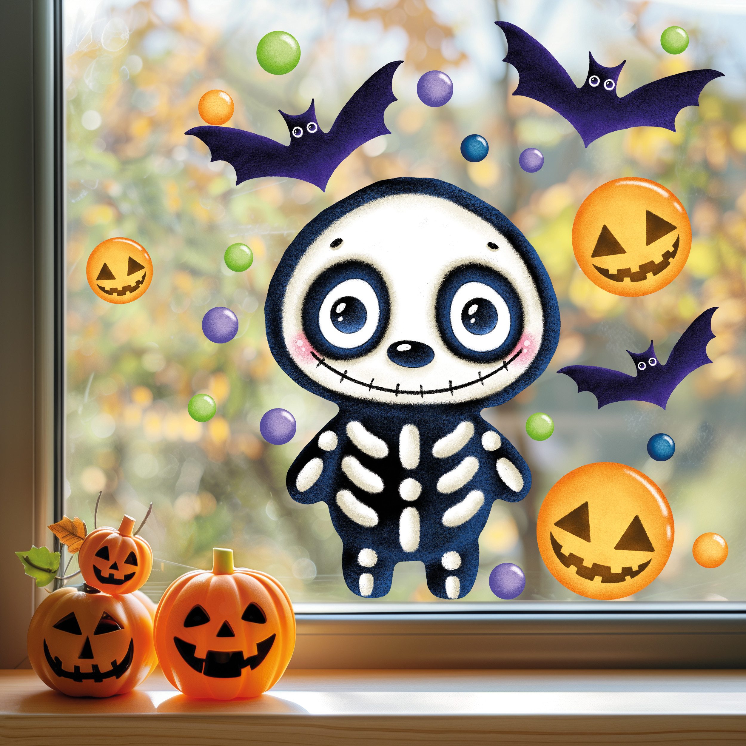 Sunnywall Fensterbild wiederverwendbare Fensterbilder Halloween Skelett, wiederverwendbar, statisch haftend, beidseitiger Druck, nachhaltig