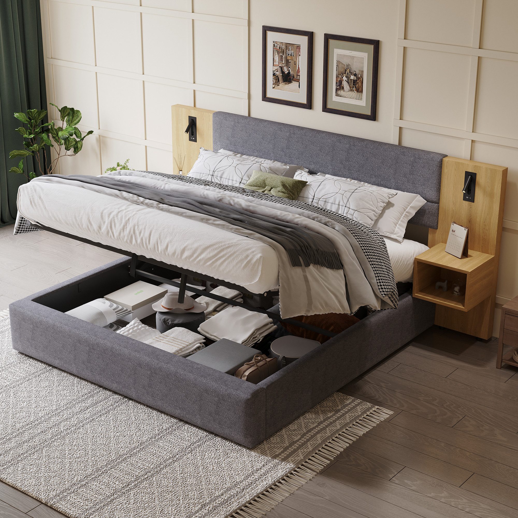 Flieks Polsterbett, Hydraulisches Stauraumbett 180x200cm mit Nachttisch Aufladen Leselampe
