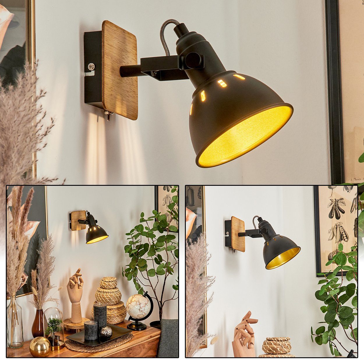 hofstein Wandleuchte »Arazane« Wandlampe aus Metall/Holz in  Schwarz/Chrom/Gold/Natur, ohne Leuchtmittel, verstellbar, Lichteffekt u.  An-/Ausschalter, E14 | Standleuchten