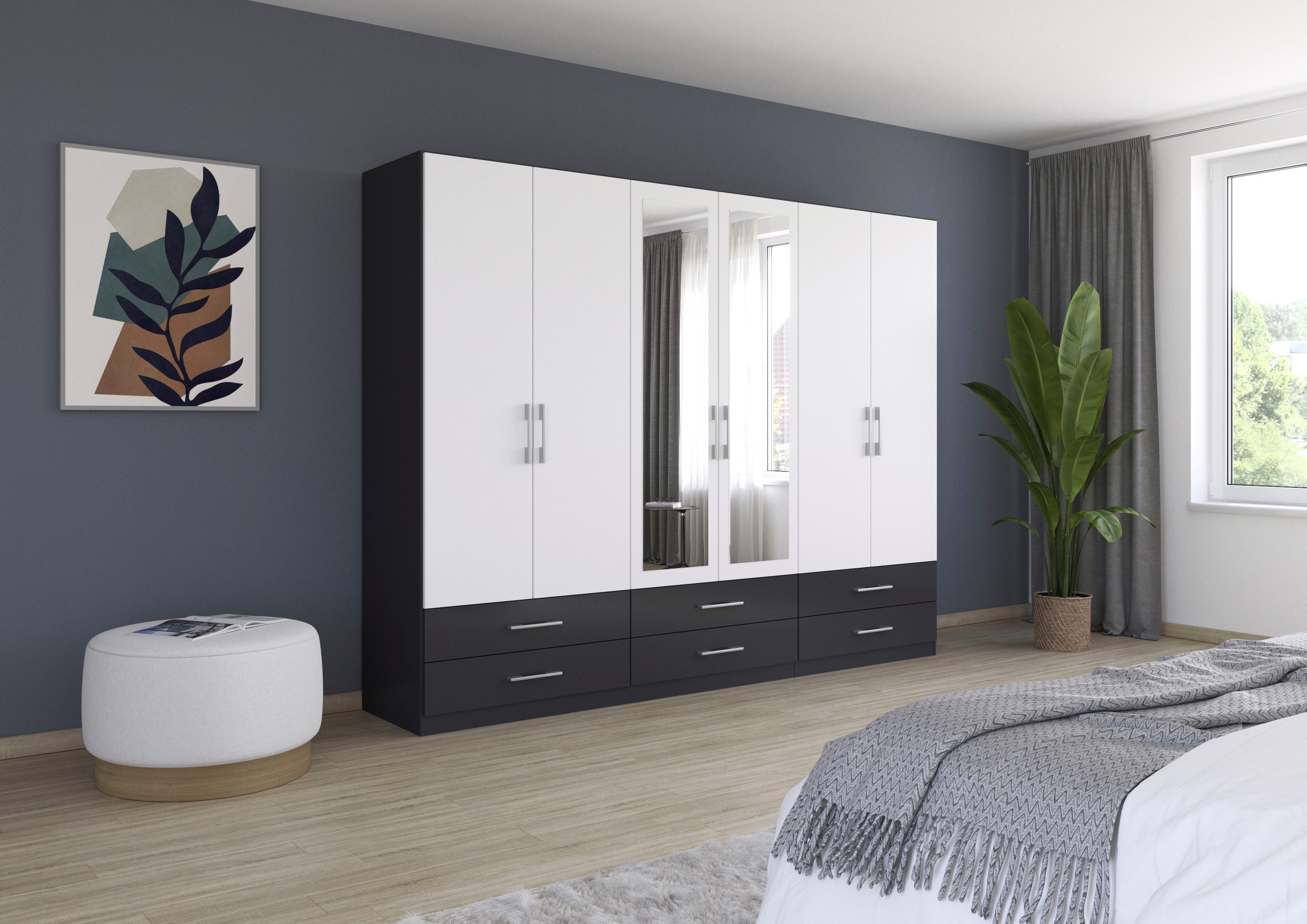 rauch Kleiderschrank Schrank Garderobe Wäscheschrank HERSBRUCK in 2 Breiten (Breiten: 226 oder 271 cm, Höhe 210 cm) mit 6 großzügigen Schubladen sowie Spiegeltüren MADE IN GERMANY
