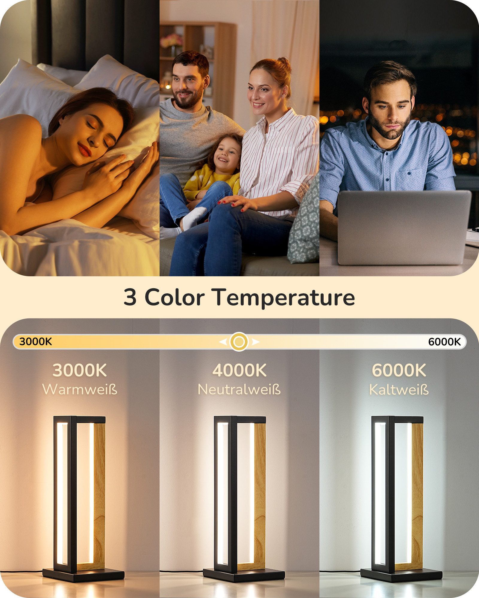 EDISHINE LED Tischleuchte Drehbare, Touch Dimmbare Nachttischlampe deko, LED fest integriert, Tischlampe aus Metall, 3 Farbtemperaturen