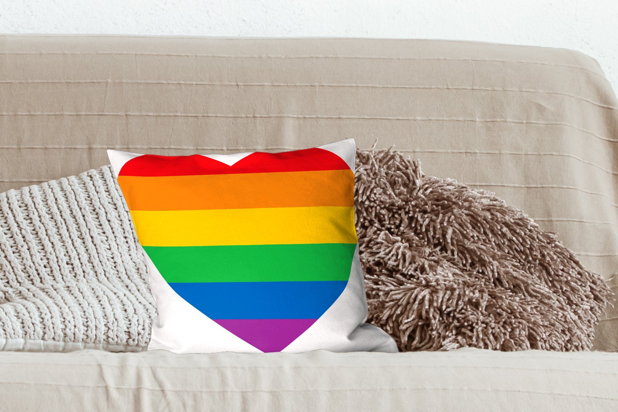 MuchoWow Füllung allen Deko, Regenbogens, des Herzens Zierkissen Schlafzimmer, Dekokissen Eine Sofakissen Farben Wohzimmer, mit mit für Illustration eines