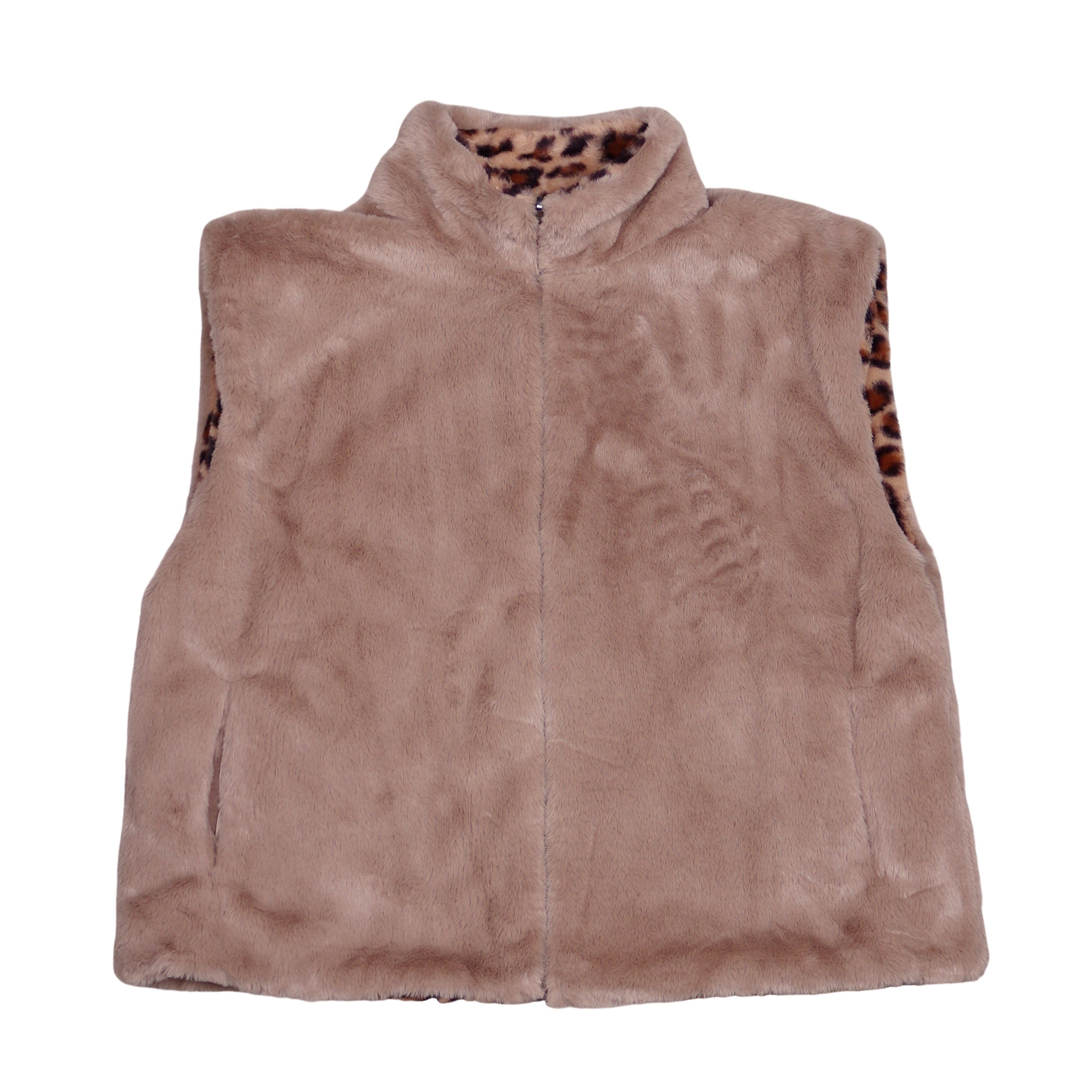 MIRROSI Plüschweste Damen Wendeweste Plüsch – Teddy Weste mit Leo Muster (One Size – passend ca. für Größe 38, 40,42 und 44) beidseitig tragbar – Reißverschluss – Bild 5 von 5