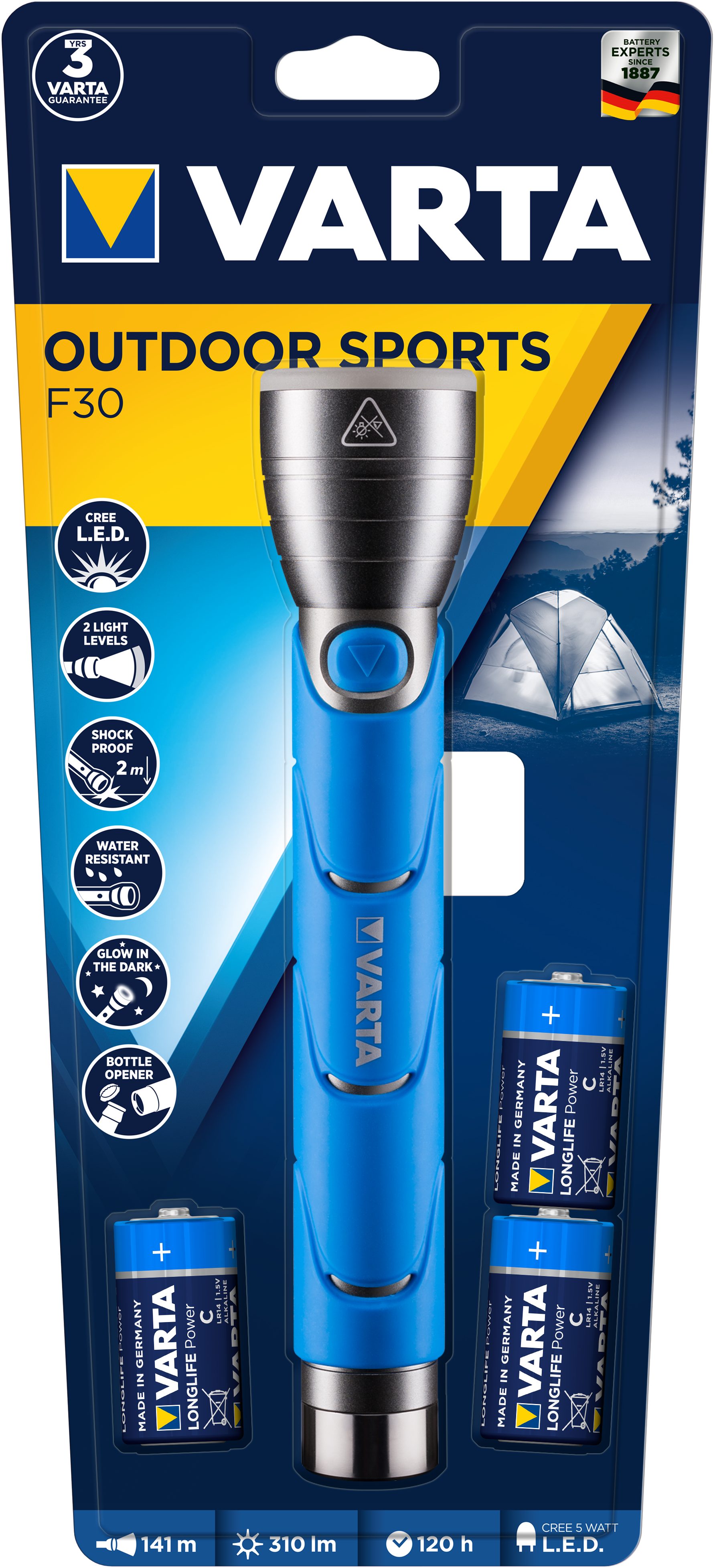 VARTA Taschenlampe Outdoor Sports F30 3c blau, Bis zu 2m falltesterprobt, IPX4 spritzwassergeschützt