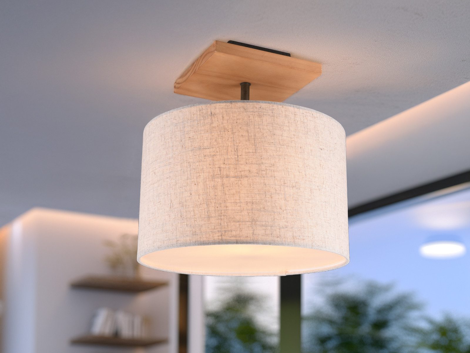 TRIO Leuchten LED Deckenleuchte, Mitgeliefertes Leuchtmittel ist extern über Hausinstallation dimmbar, LED wechselbar, Warmweiß, Holz-lampe Lampenschirme Stoff-lampe rund über-n Esstisch Beige, Ø35cm