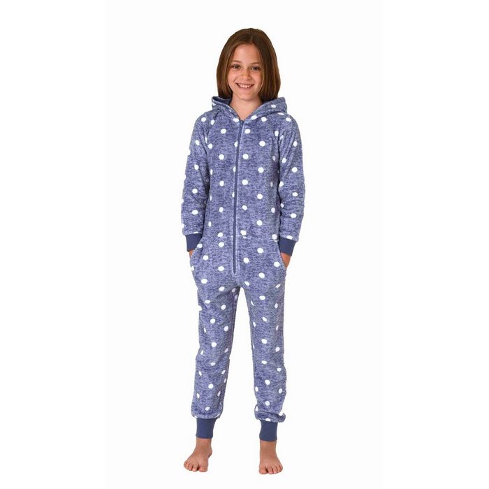Normann Pyjama Kuschelig warmer Mädchen Jumpsuit Schlafanzug Overall aus Coralfleece in Tupfen Optik