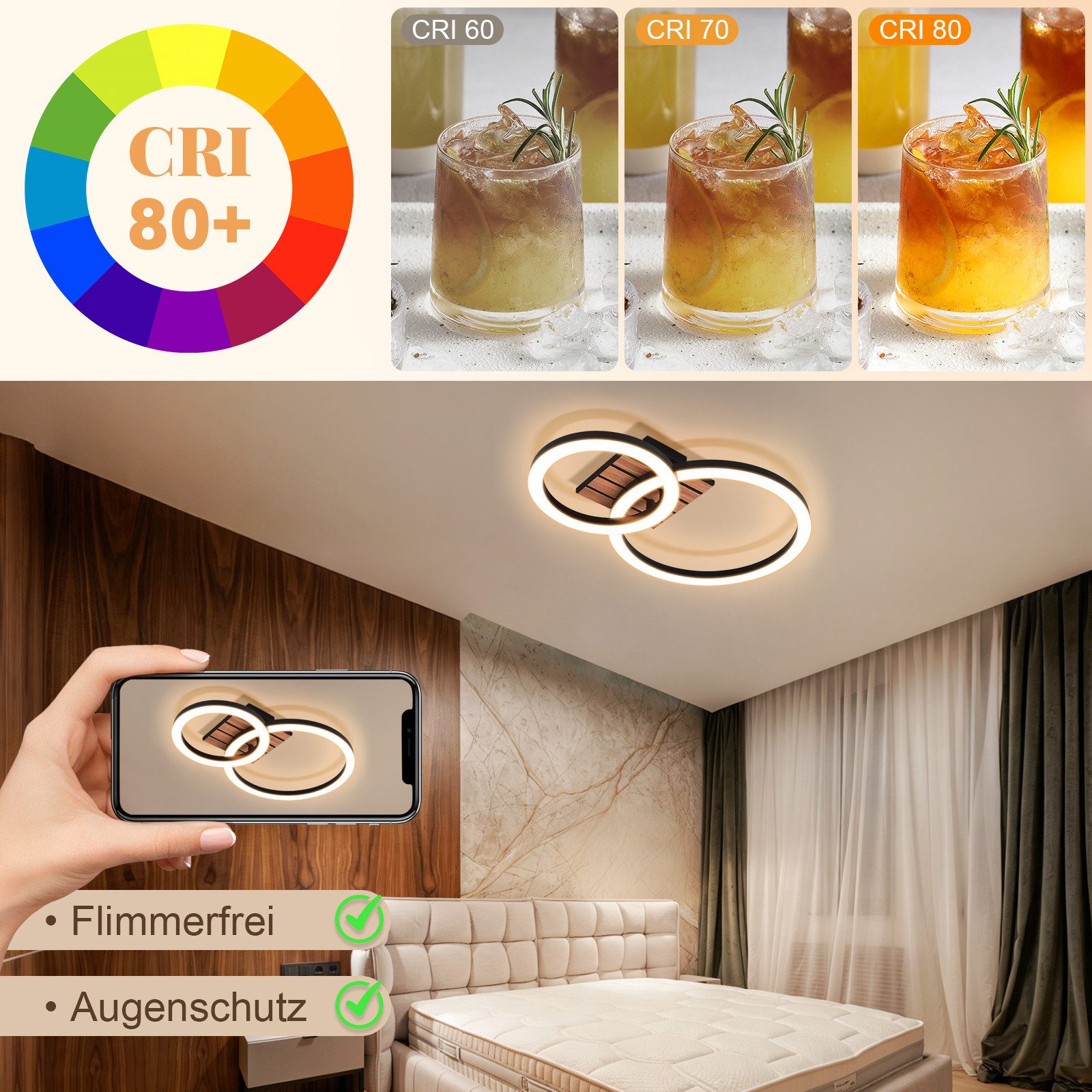 Nettlife LED Deckenleuchte Retro schwarz 14/21W eckig 3000K Warmweiß Design lampe Holz, LED fest integriert, für Küche Schlafzimmer Flur Wohnzimmer Bürolampe Zu – Bild 5 von 5