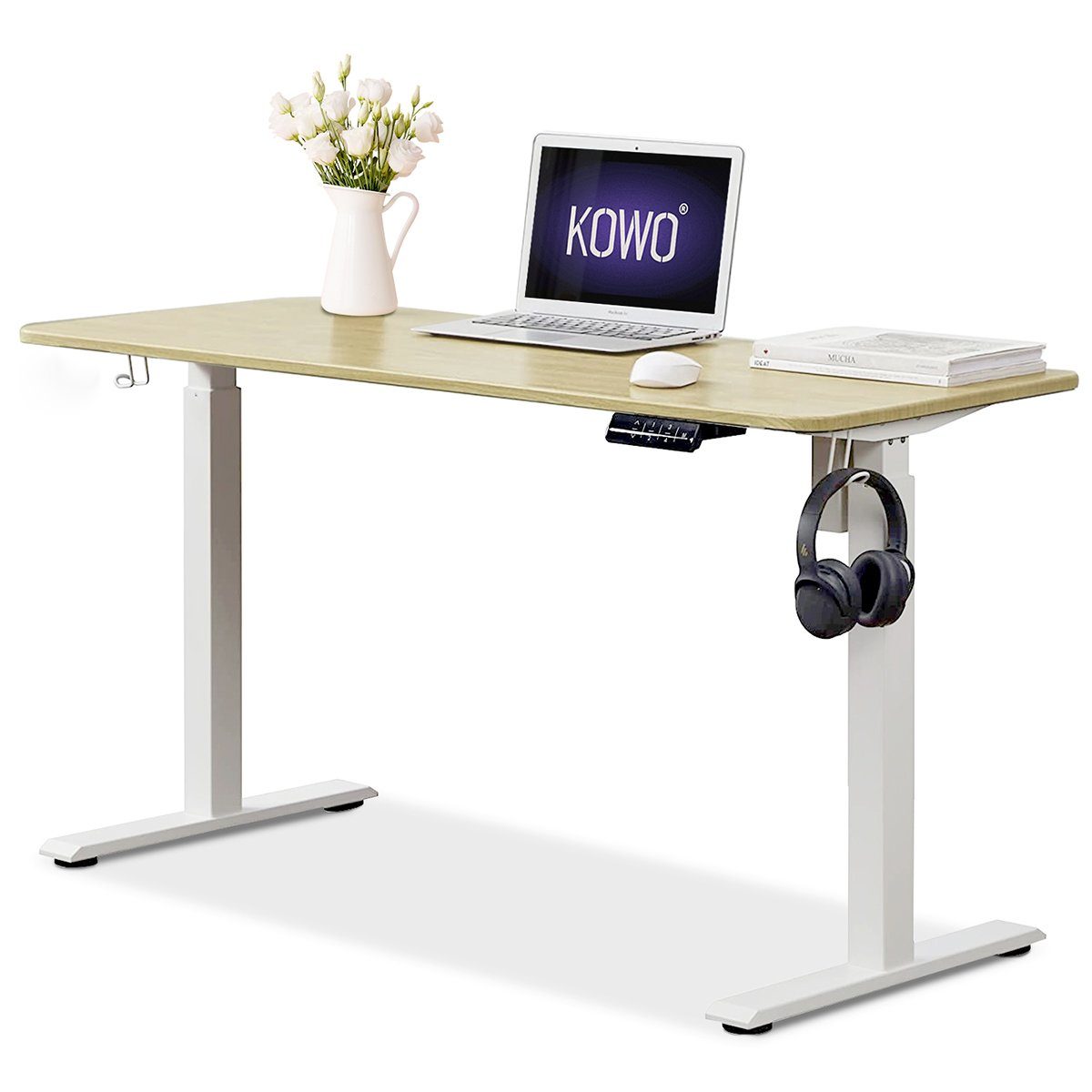 KOWO Schreibtisch 160 cm Elektrisch höhenverstellbarer Schreibtisch mit Tischplatte, mit USB C Ladegerät und USB Netzteil für iPhone, iPad, MacBook, Handy
