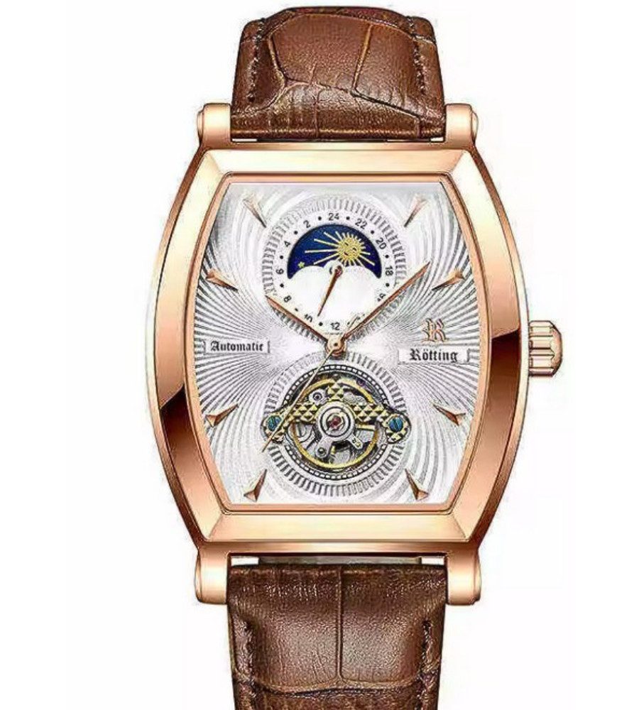 Rötting Design Automatikuhr Herrenuhr Tag/Nacht Phase offene Unruhe Glasboden weißes Ziffernblatt, goldrosefarbenes Gehäuse