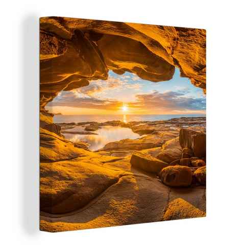 OneMillionCanvasses® Leinwandbild Höhle - Meer - Horizont - Sonnenuntergang, (1 St), Leinwand Bilder für Wohnzimmer Schlafzimmer