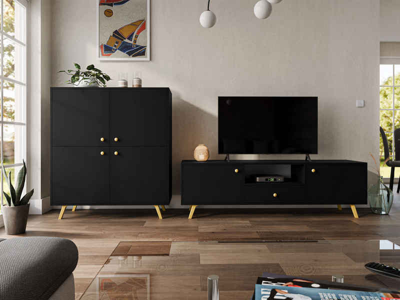 MIRJAN24 Wohnzimmer-Set Siena, (2er-Set, Kommode, TV-Lowboard), Metallgriffe in der Farbe Gold