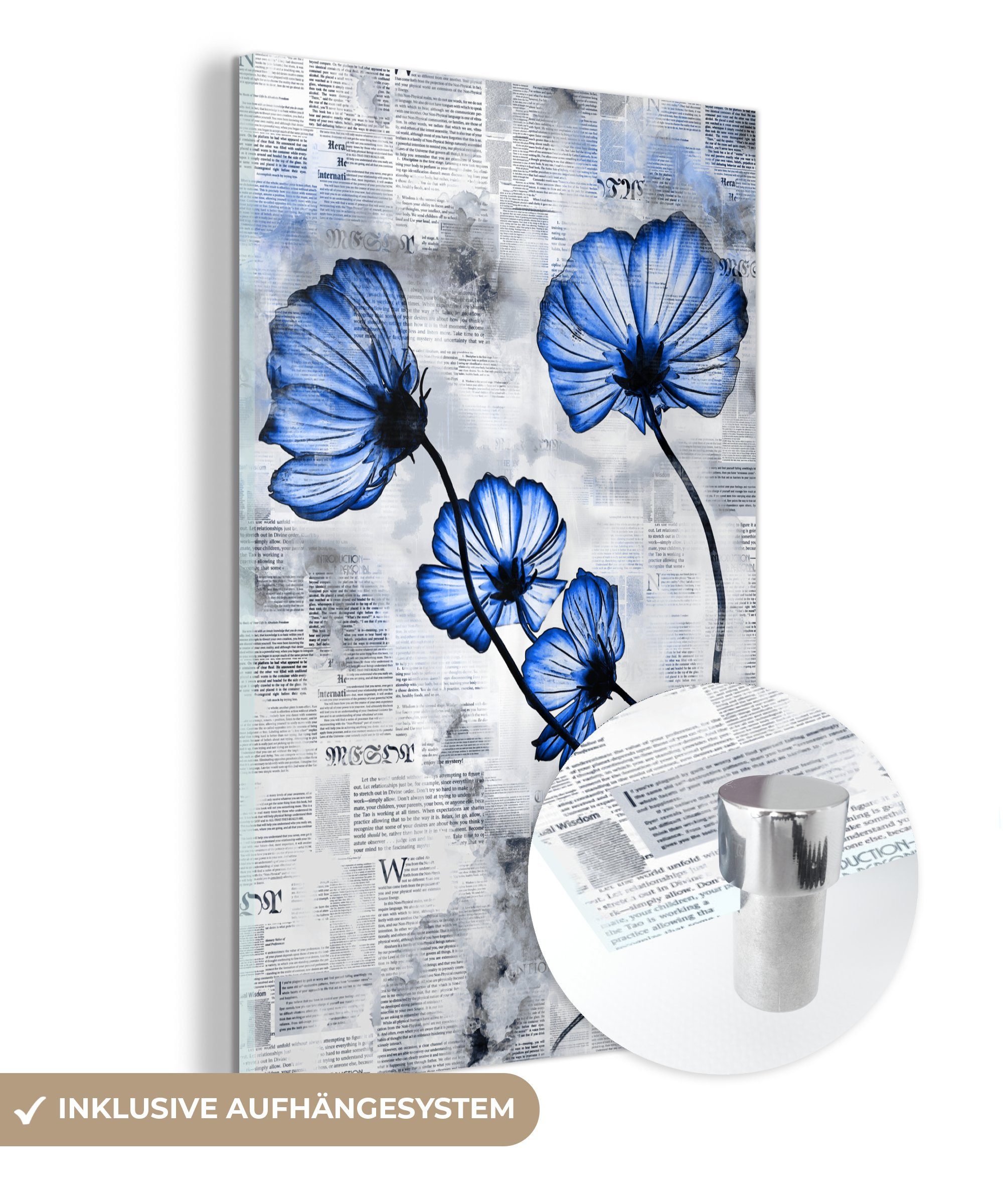 MuchoWow Acrylglasbild Blumen - Zeitungspapier - Blau, (1 St), Glasbilder - Bilder auf Glas Wandbild - Foto auf Glas - Wanddekoration