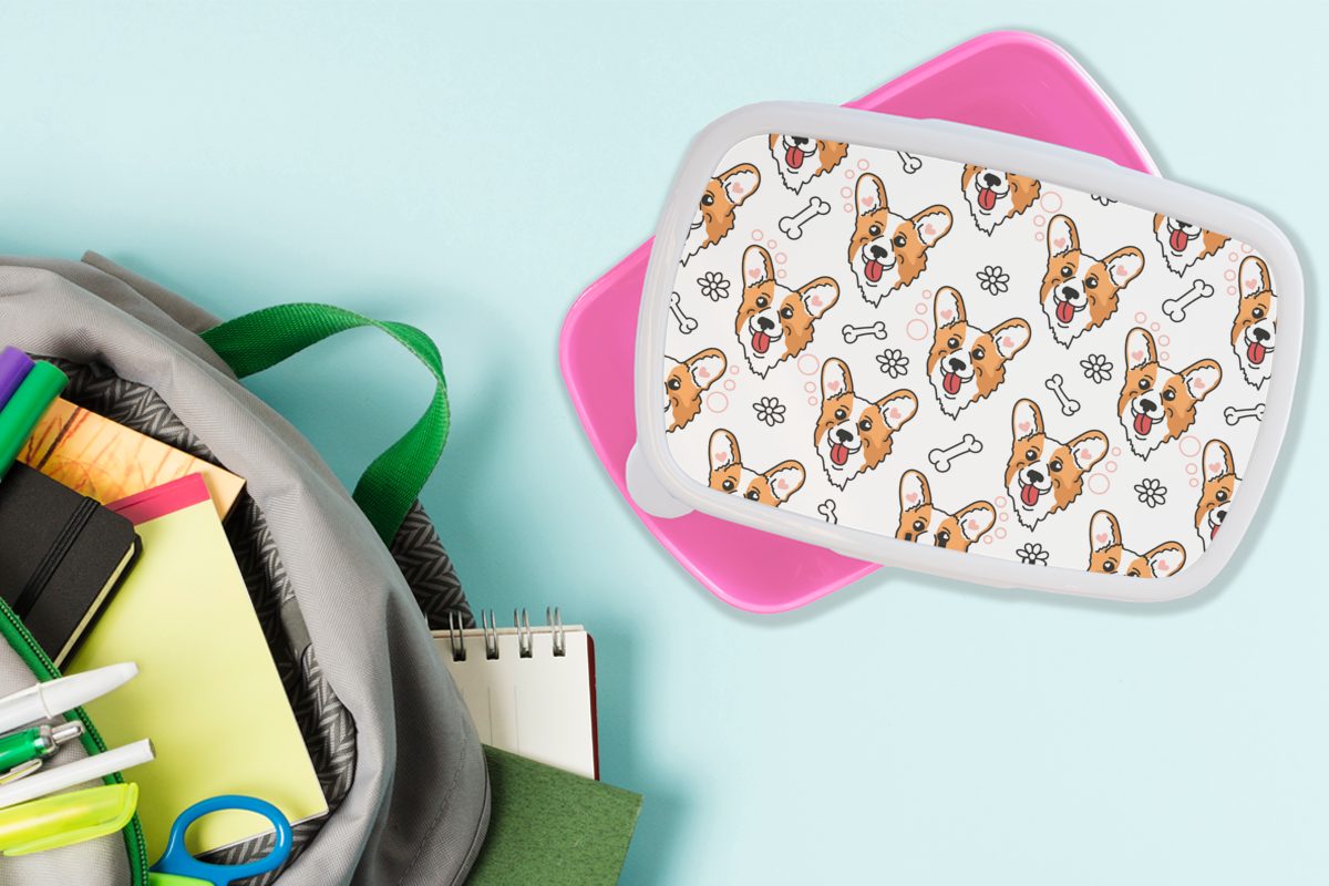 Snackbox, für Kunststoff Mädchen - Jungen - Brotbox Kinder, - Lunchbox - MuchoWow - Brotdose Corgi Muster Mädchen, Hund Kinder (2-tlg), Kinder, - Kunststoff, Erwachsene, rosa