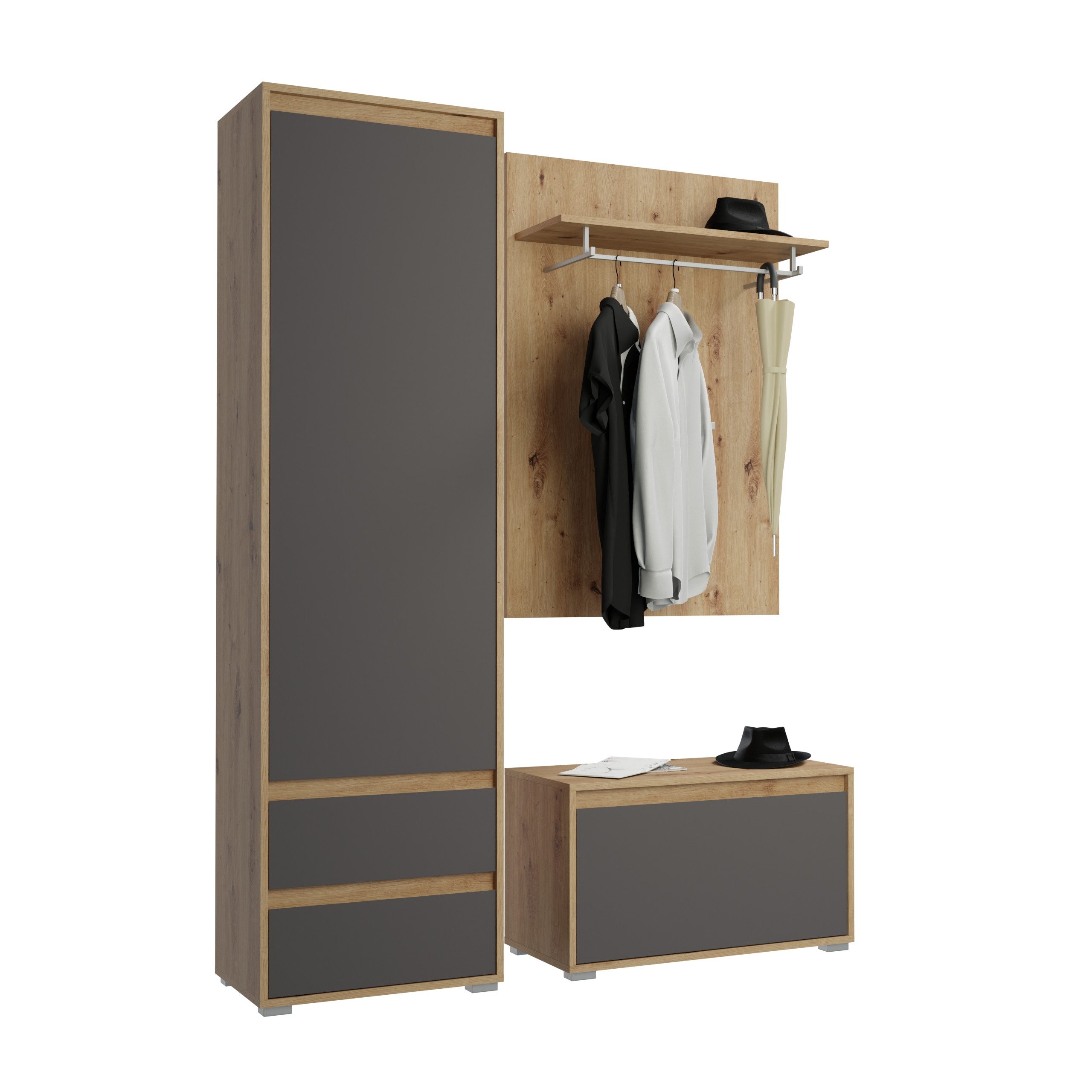 xonox.home Шкафы-Set, (3tlg. Set bestehend aus Шкафыschrank, Sitzbank, Шкафыpaneel), Eiche Nachbildung Grau Modern 146x190x35 cm