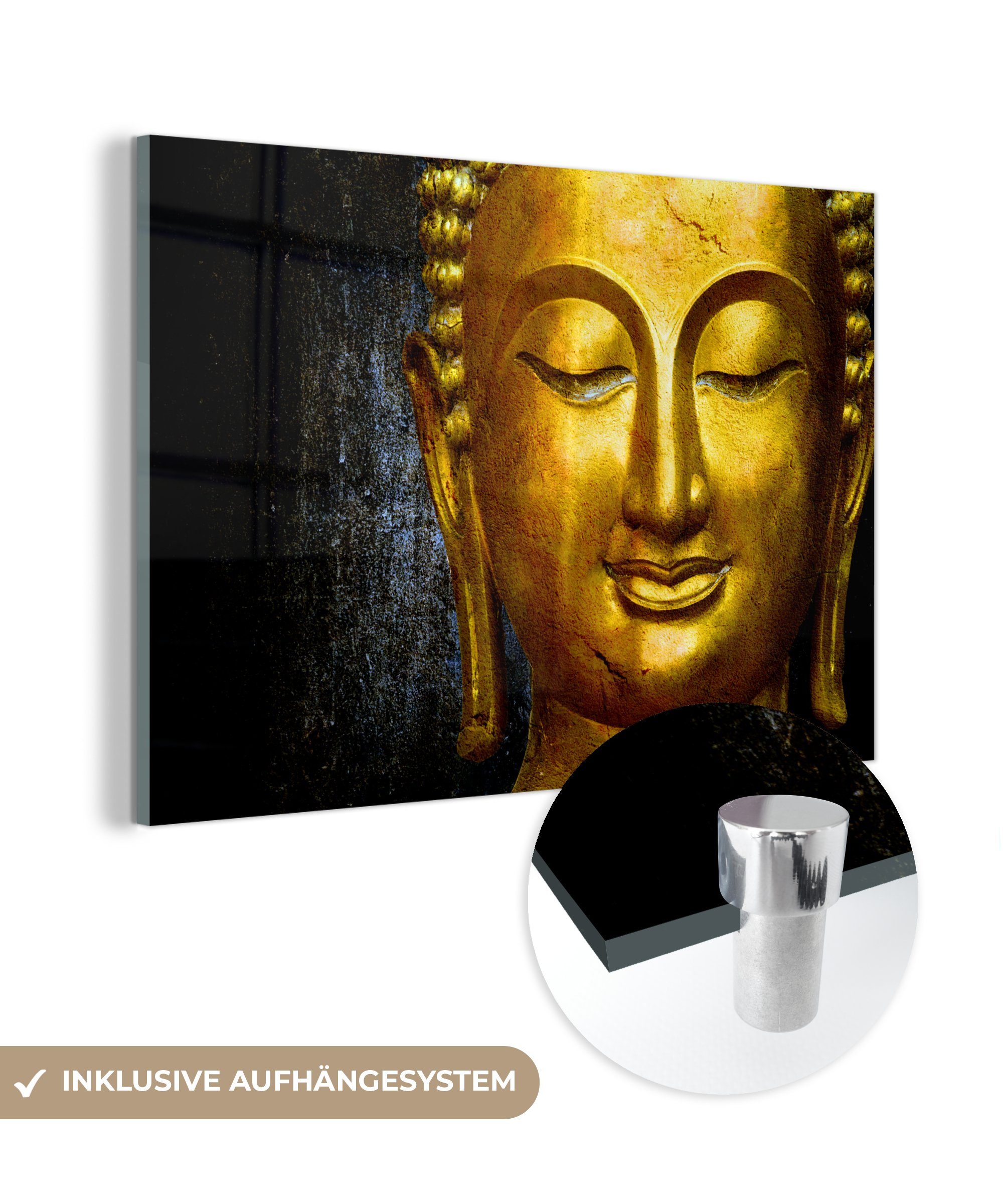 MuchoWow Acrylglasbild Buddha - Schwarz - Gold, (1 St), Acrylglasbilder Wohnzimmer & Schlafzimmer