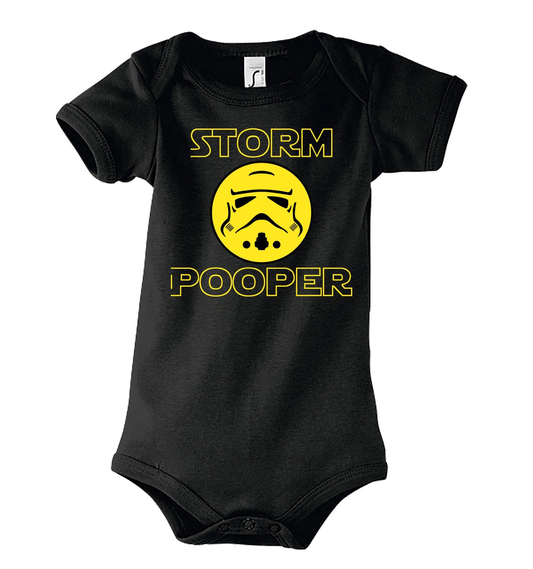 Youth Designz Kurzarmbody Storm Pooper Trooper Baby Body Kurzarm Strampler mit lustigem Spruch & Logo Print Schwarz
