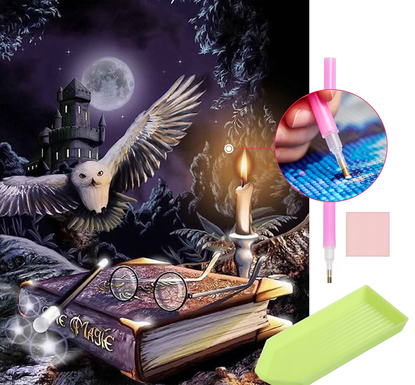MALATEC Раскрась по номерам 5d Diamond Painting DIY Magic Eule (5d Diamond Painting-Set, Bild, Diamanten, Stift und Container), Entspannendes Hobby, kreative Stunden, schimmerndes Endergebnis.