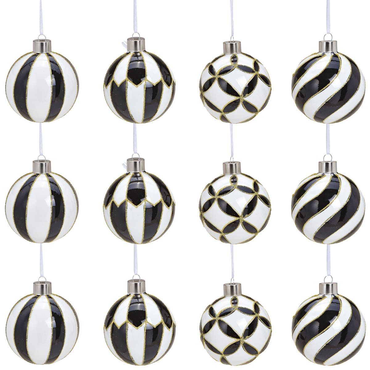 matches21 HOME & HOBBY Christbaumschmuck Glas Christbaum-Kugeln 12er Set Christbaum-Schmuck Schwarz Weiß (12-tlg), Ø 8 cm Weihnachtsbaum-Schmuck als Weihnachten Baum-Schmuck