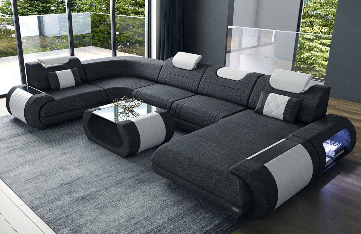 Sofa Dreams Wohnlandschaft Polster Stoff Sofa Rimini U Form H Strukturstoff Stoffsofa, Couch wahlweise mit Bettfunktion schwarzgrau-weiß