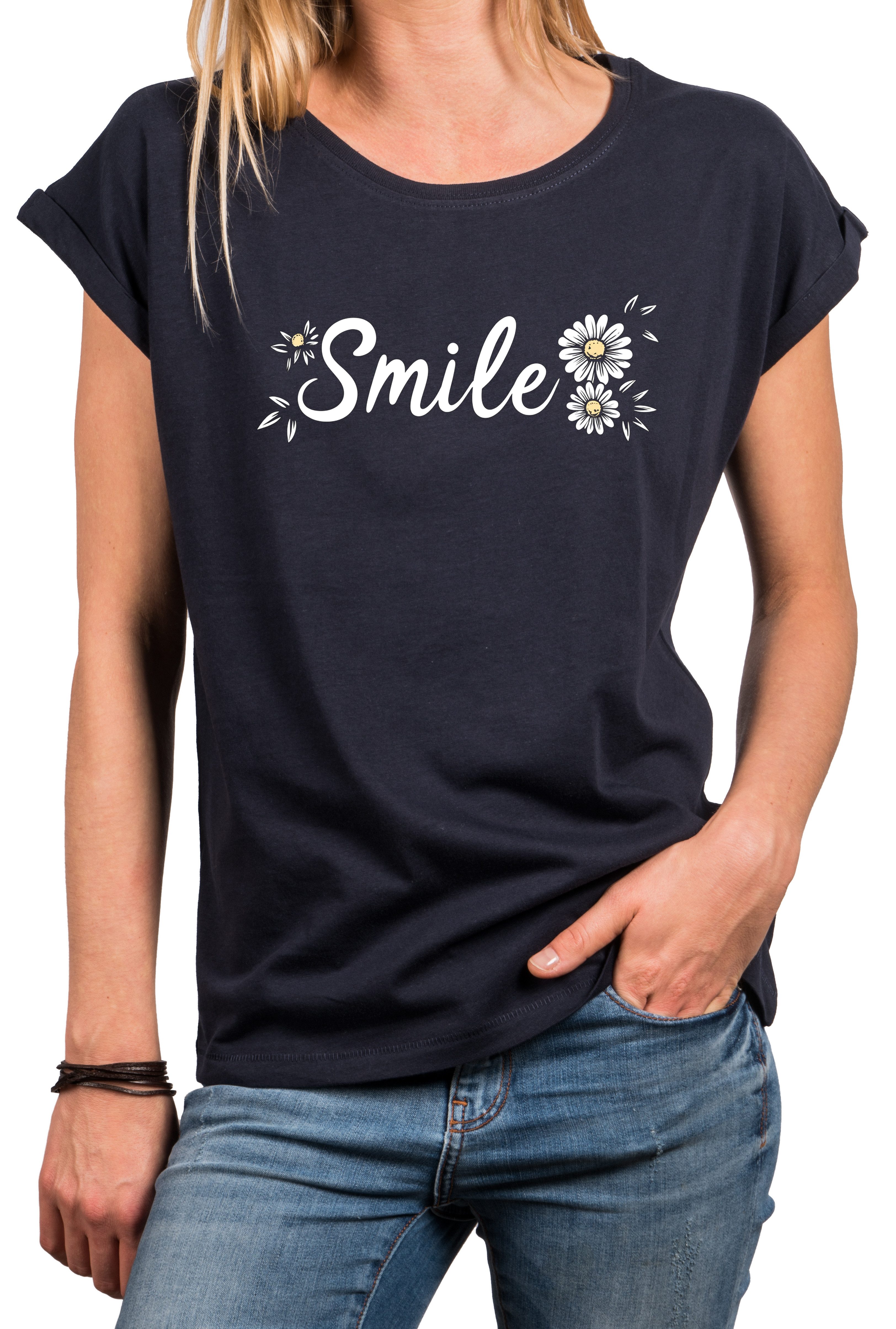 MAKAYA T-Shirt Lässiges Damen-Top mit Smile-Motiv und Blumenprint (Schwarz, Blau, Grau, Grün, 34, 36, 38, 40, 42, 44, 46, 48, 50) Baumwolle