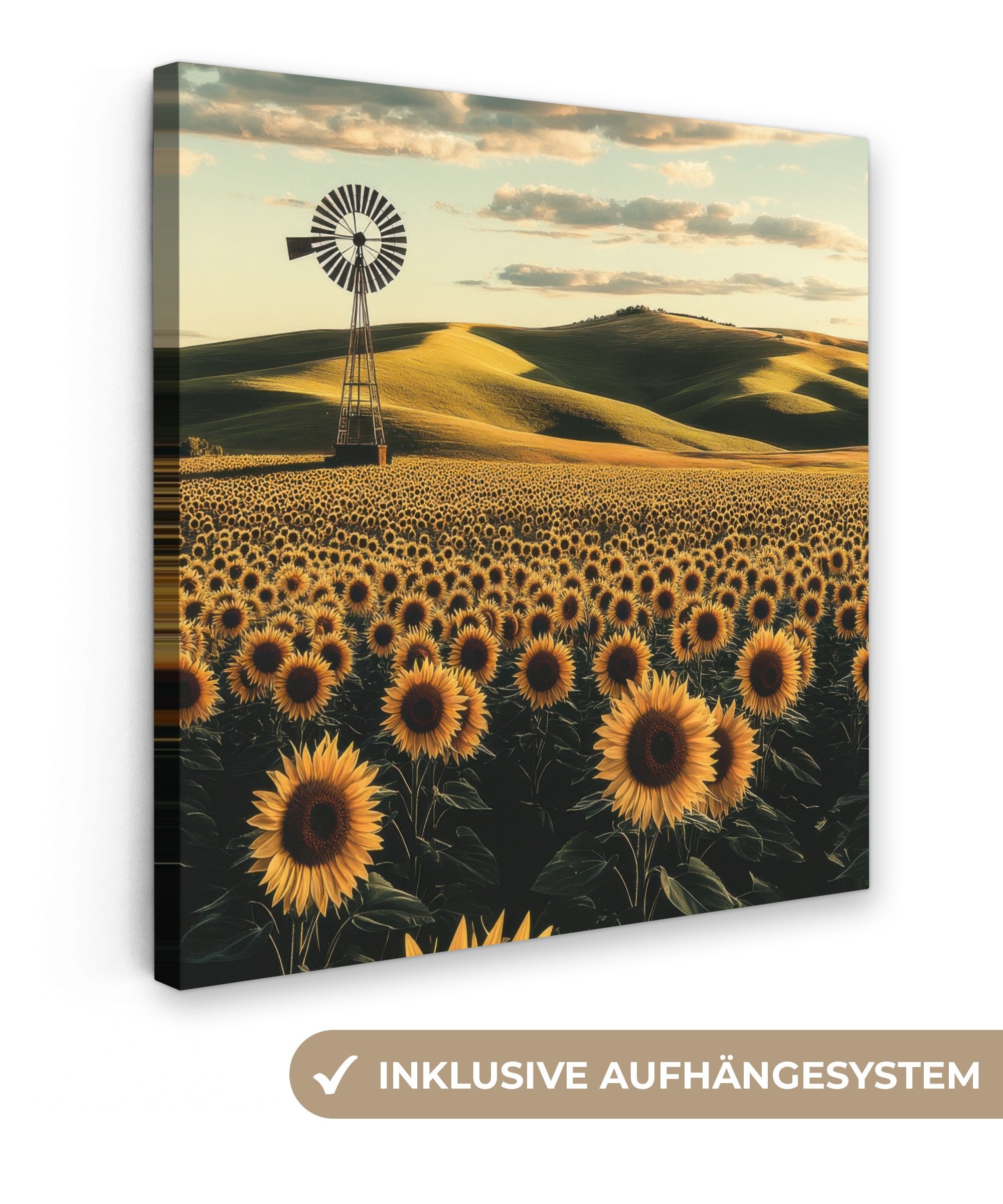 Leinwandbild Sonnenblume - Feld - Windmühle