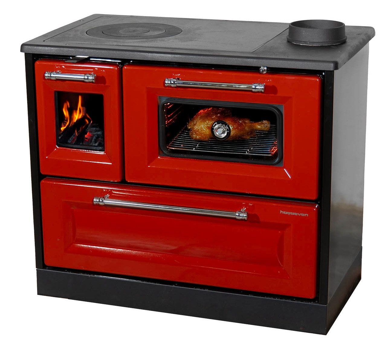 Hosseven Kaminofen mit Backfach und Herdplatte 4012 Rot Holzofen 8 kW Holz Ofen, 7,7 kW, Dauerbrand, Ofen Mehrfachbelegung Kamin Heizofen Küchenherd