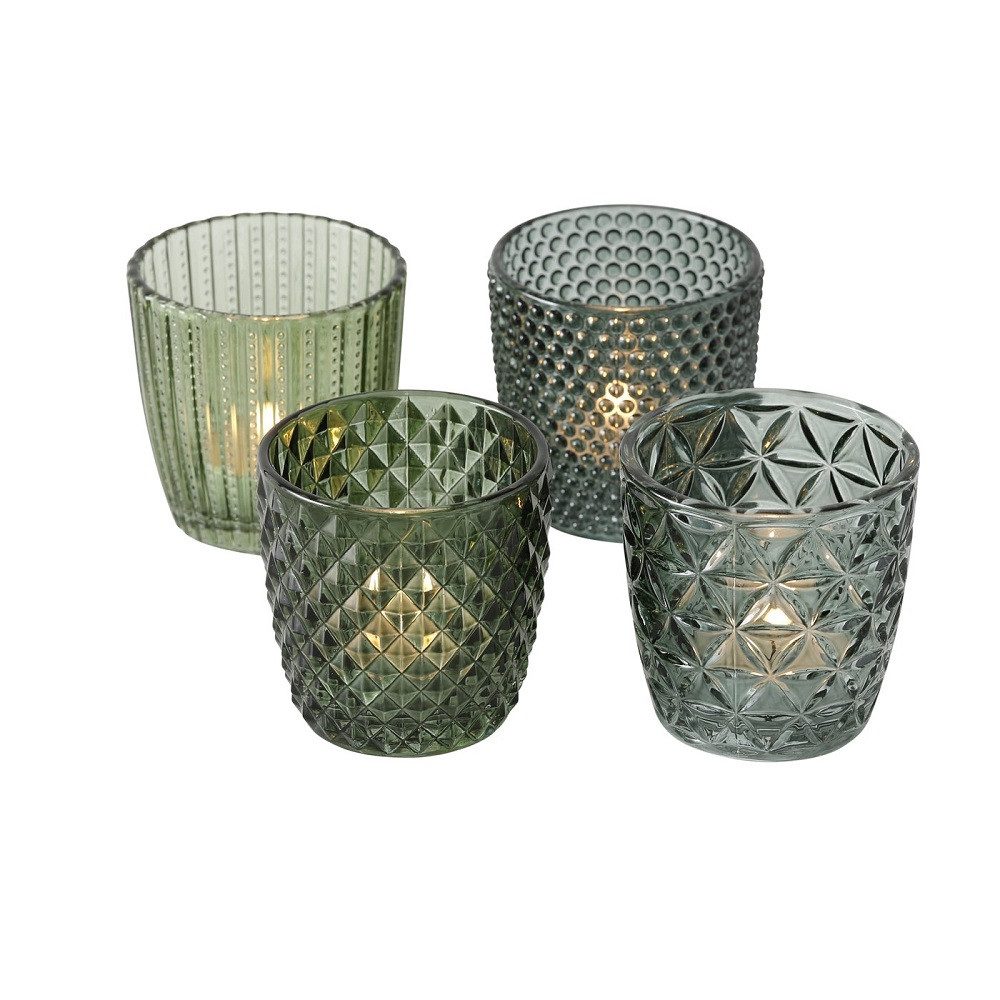 BOLTZE Teelichthalter 4tlg. Windlicht MARILU hellgrün grün Muster geriffelt aus Glas