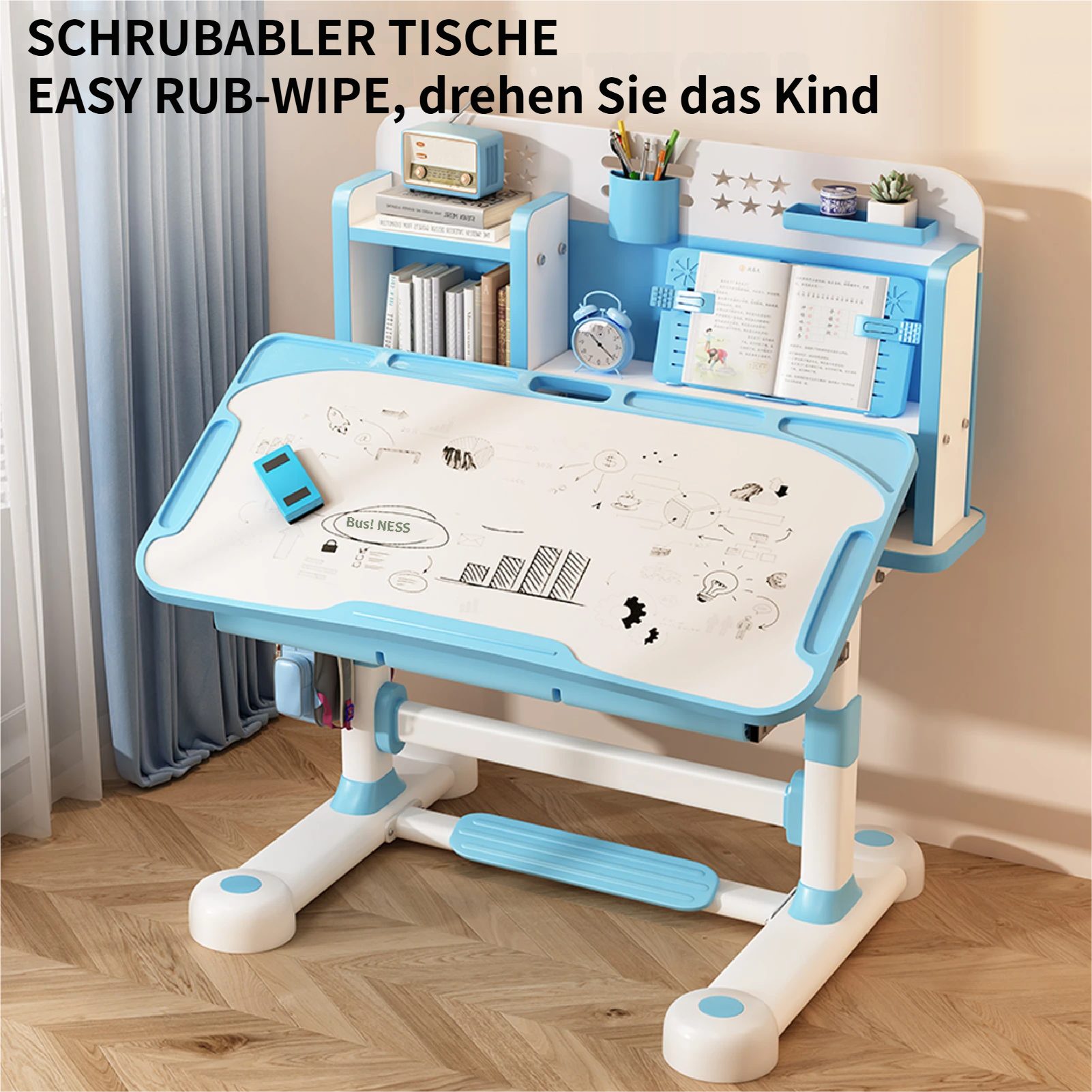 Rutaqian Kinderschreibtisch Kinder-Schreibtisch- und Stuhl-Set,Höhenverstellbar mit Sitzkorrektur (Multifunktionsschreibtisch mit Leseständer,Schublade,Rucksackhaken, 1-St., Ergonomischer Schreibtisch-Stuhl Set,Zonenförmig gestalteter Stauraum), Verstellbarer Schreibplatte, Kinder Schreibtisch für Jungs & Mädchen
