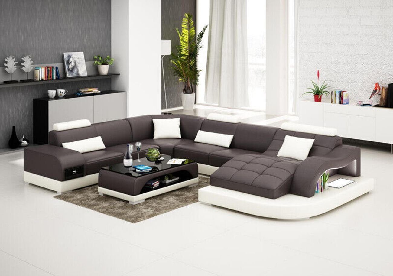 JVmoebel Ecksofa Leder Sofa mit USB Moderne Sitz Couch Design Wohnlandschaft Tisch Grau