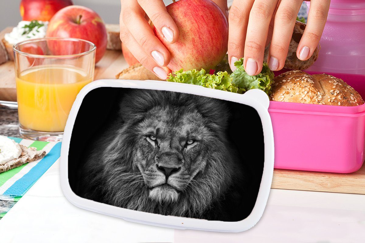 MuchoWow Lunchbox Löwe Erwachsene, - Weiß, rosa Brotdose - Kunststoff Mädchen, Brotbox für - Kunststoff, Kinder, (2-tlg), Snackbox, Tiere Schwarz