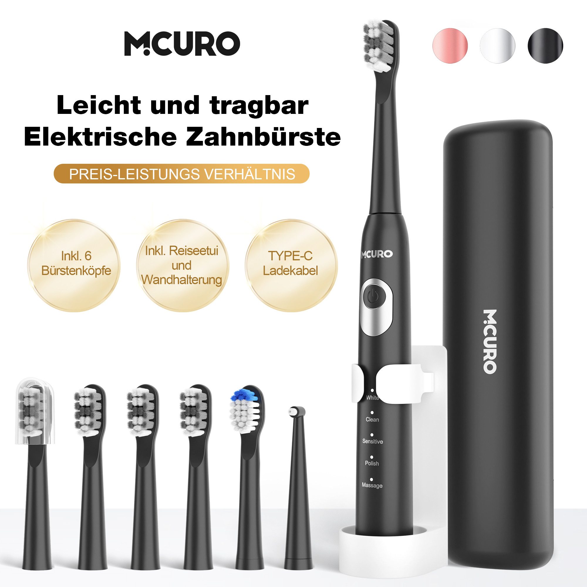 MCURO Schallzahnbürste Schallzahnbürste für Zahnpflege 40000 VPM, 5 Putzmodi, Aufsteckbürsten: 6 St., Reise Zahnbürsten,Timer,TYPE-C aufladbar