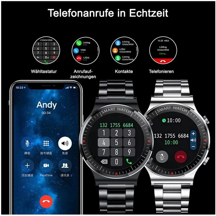 TPFNet SW20 mit Edelstahl Armband + Silikon Armband - individuelles Display Smartwatch (Android) Armbanduhr mit Musiksteuerung Herzfrequenz Schrittzähler Kalorien Social Media etc. - Schwarz RY12437