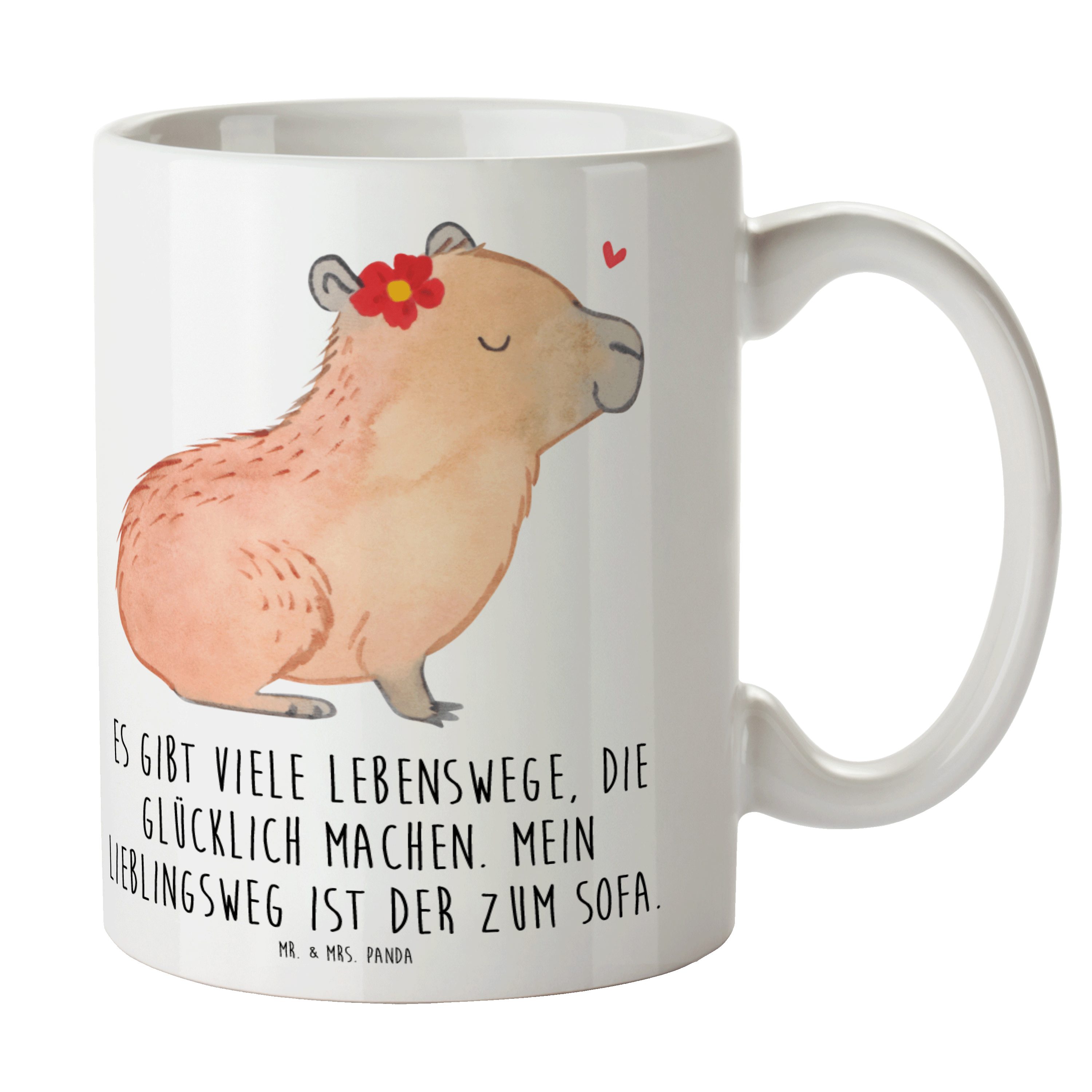 Mr. & Mrs. Panda Tasse Capybara Blume - Weiß - Geschenk, Teebecher, Geschenk Tasse, Tiere, l, Keramik