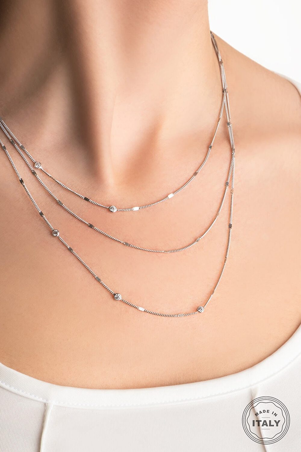 So CHIC... Kette mit Einhänger Italienisches Minimalistisches 18K Weißgold Dreifach-Halskette